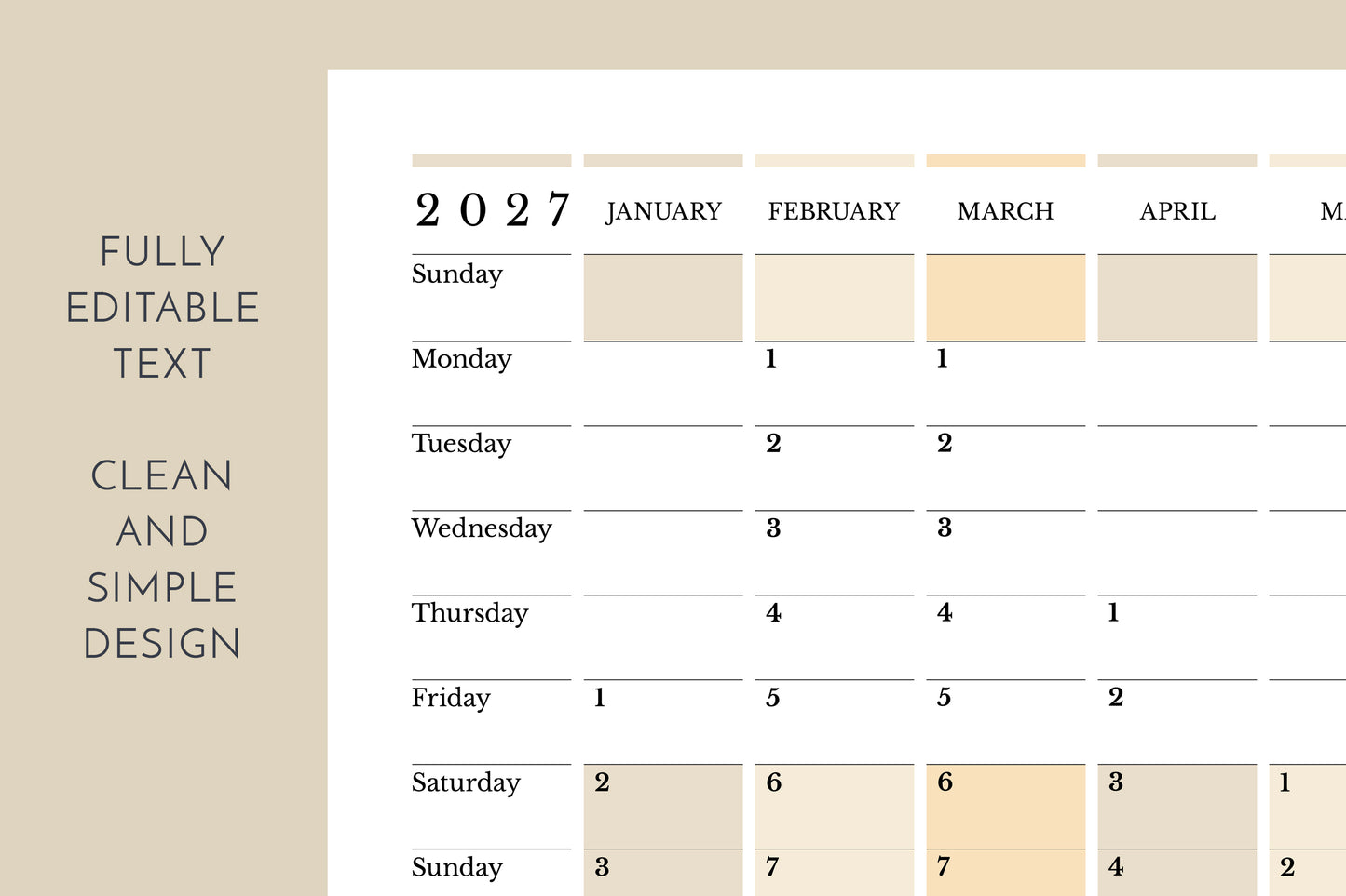 Calendar for 2027 with a beige background and text indicating features.