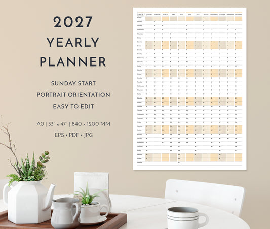 2027 yearly planner on a wall with a minimalistic room setting.