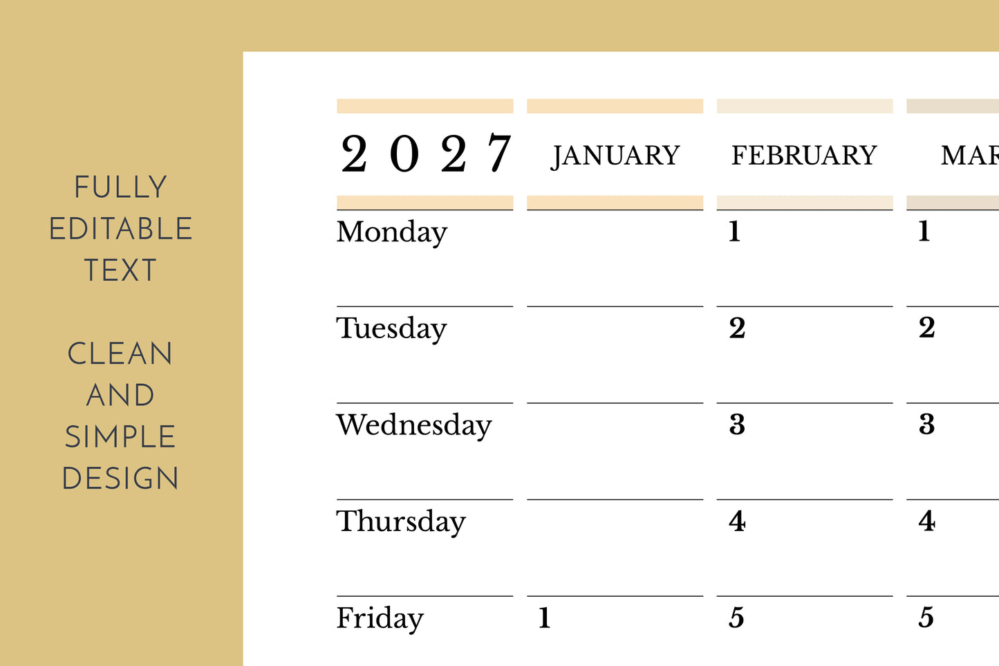 Calendar for 2027 with a gold border and text indicating editable features.