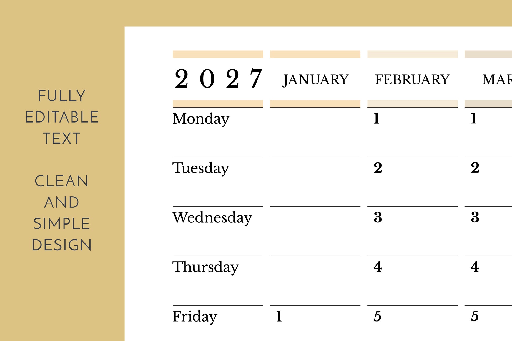 Calendar for 2027 with a gold border and text indicating editable features.
