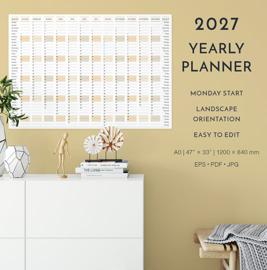 2027 yearly planner on a wall with decorative elements below