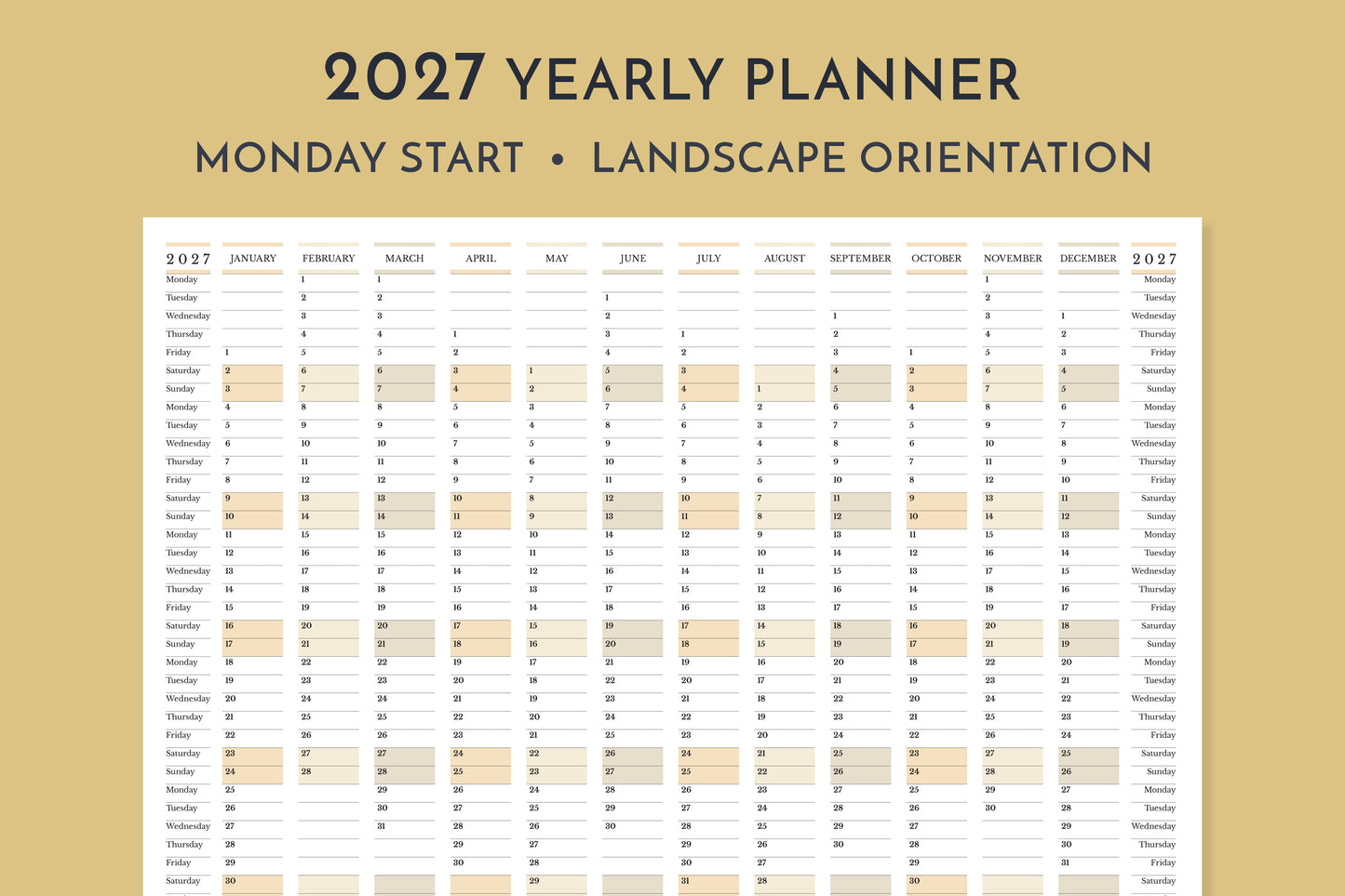 2027 yearly planner with landscape orientation on a beige background