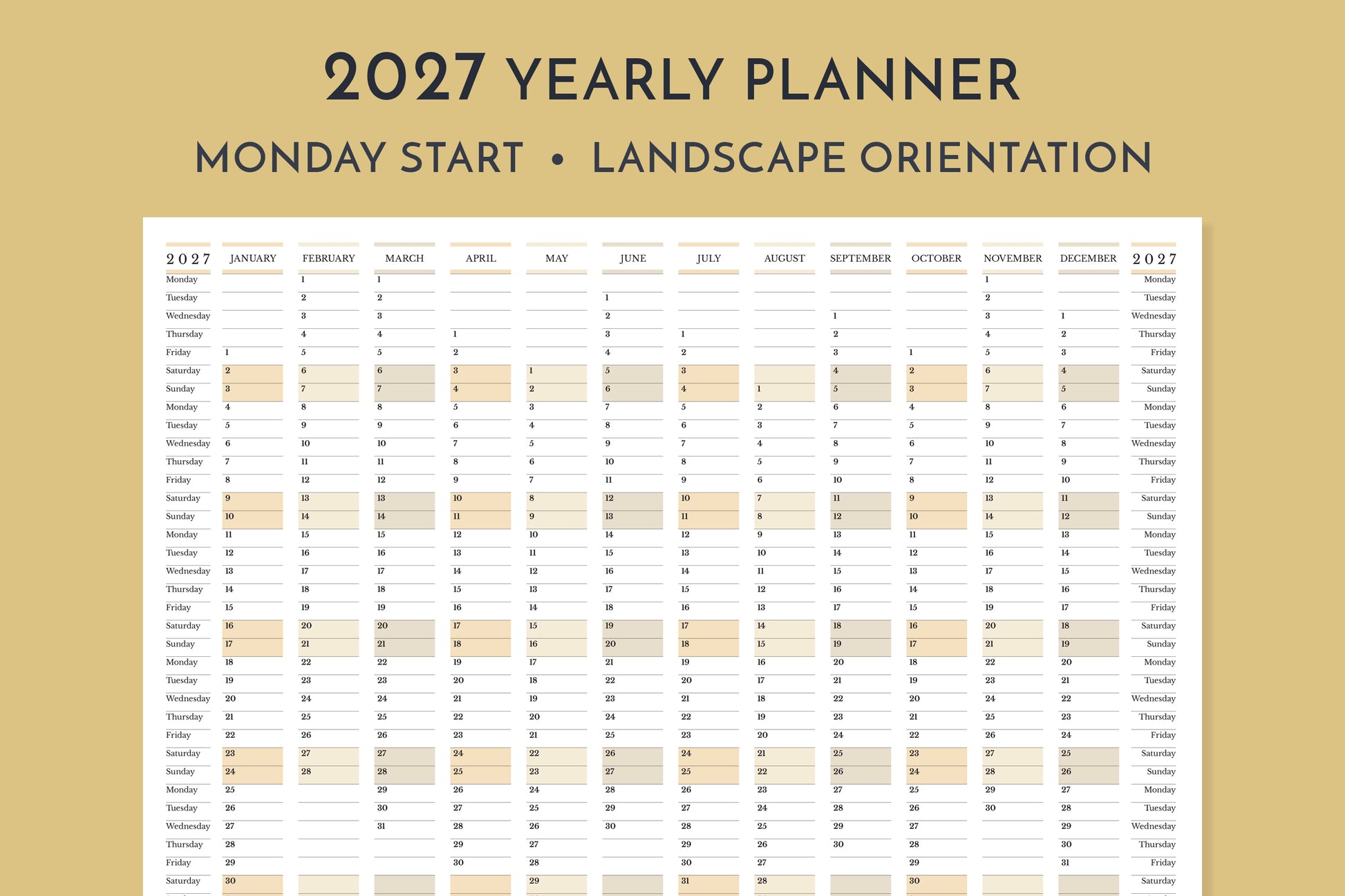 2027 yearly planner with landscape orientation on a beige background