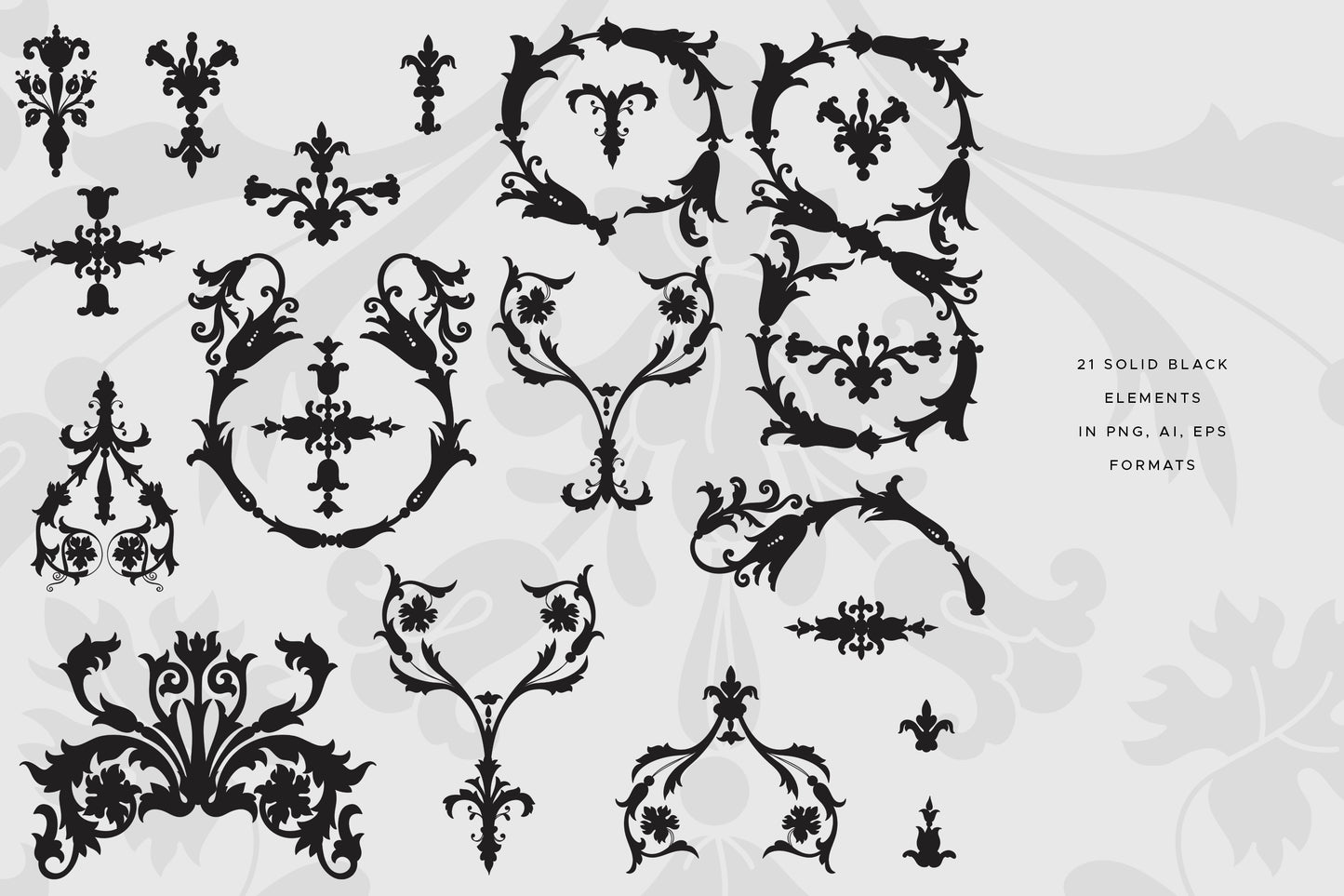A set of ornate black baroque-style floral motifs arranged on a light gray background with faint floral watermarking. Text on the right reads '21 SOLID BLACK ELEMENTS IN PNG, AI, EPS FORMATS'.