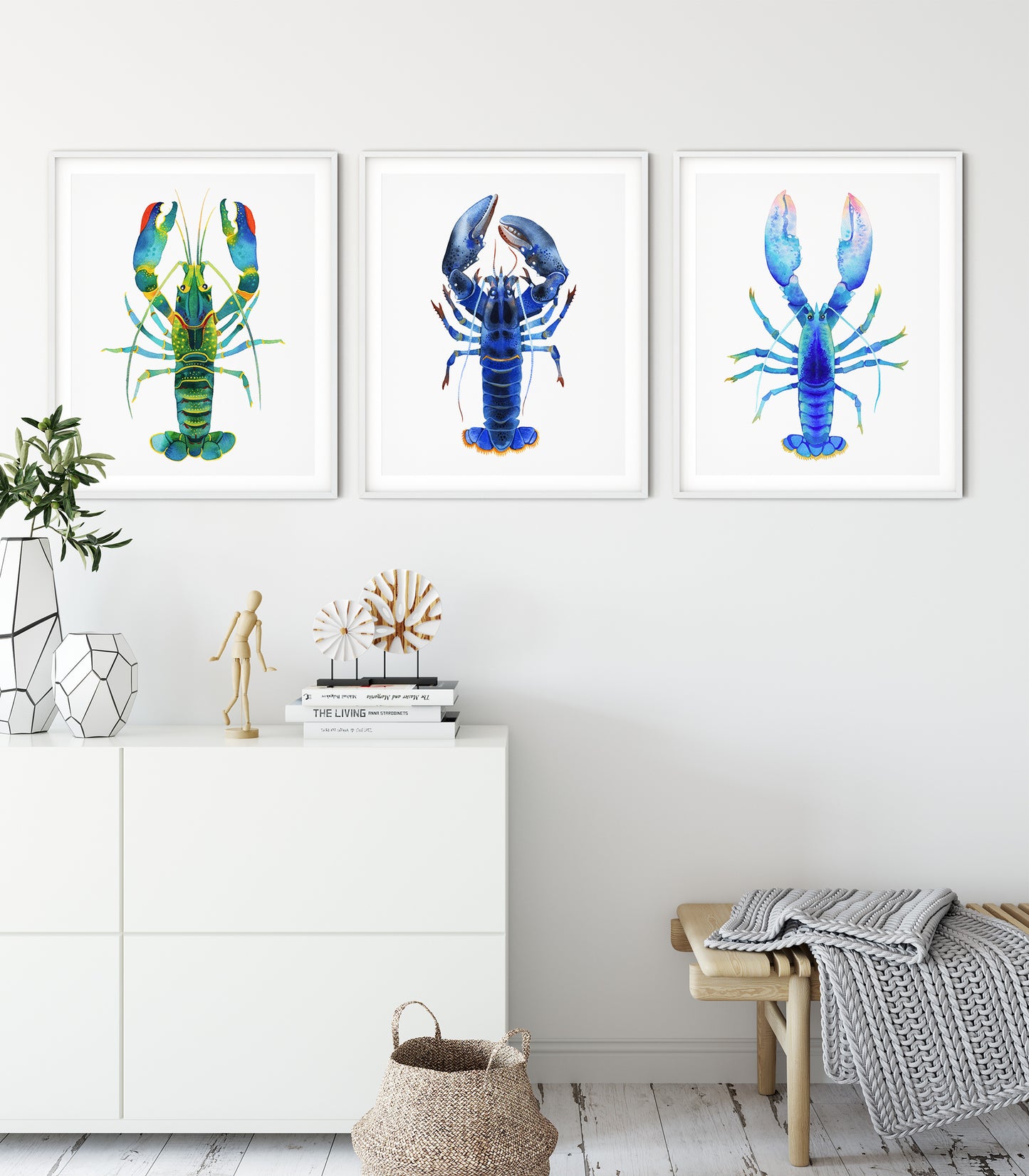 BLUE LOBSTER Watercolor Painting Giclée Print Set