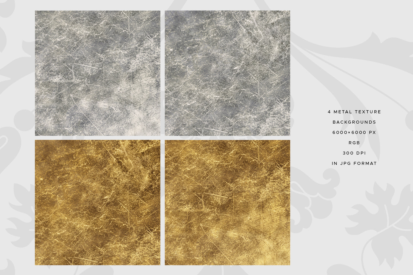 Four square metal texture previews arranged in a 2x2 grid on a light gray background with faint floral decoration. The top row shows light silver-gray metallic textures, and the bottom row shows warm gold metallic textures.