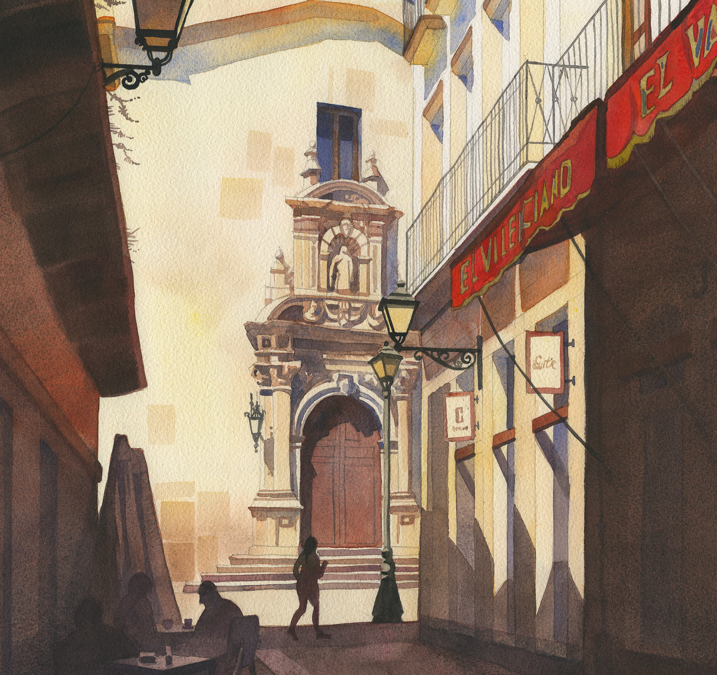 detail of a watercolor painting of a narrow street in Almeria Old town, Spain