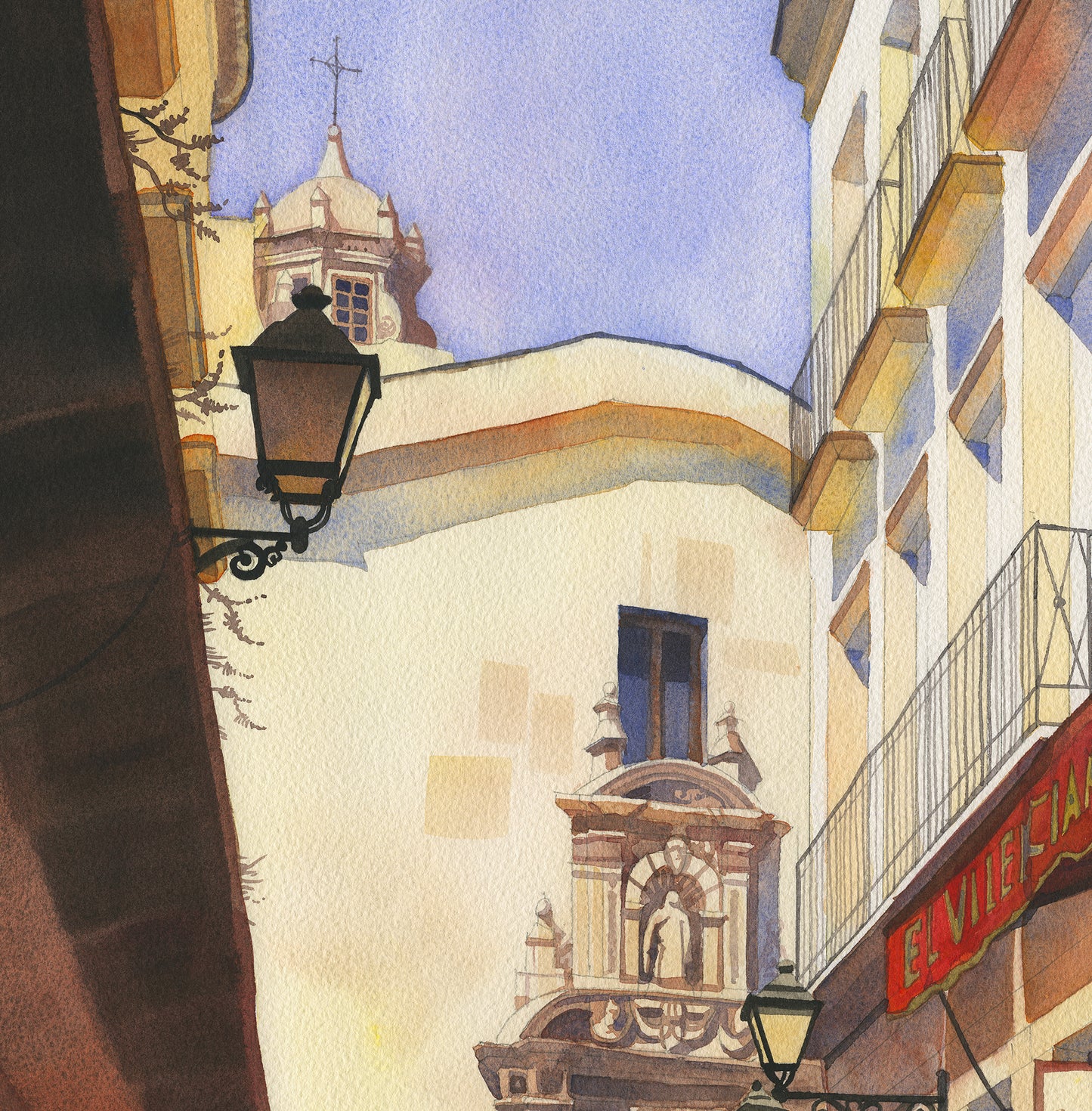 detail of a watercolor painting of a narrow street in Almeria Old town, Spain