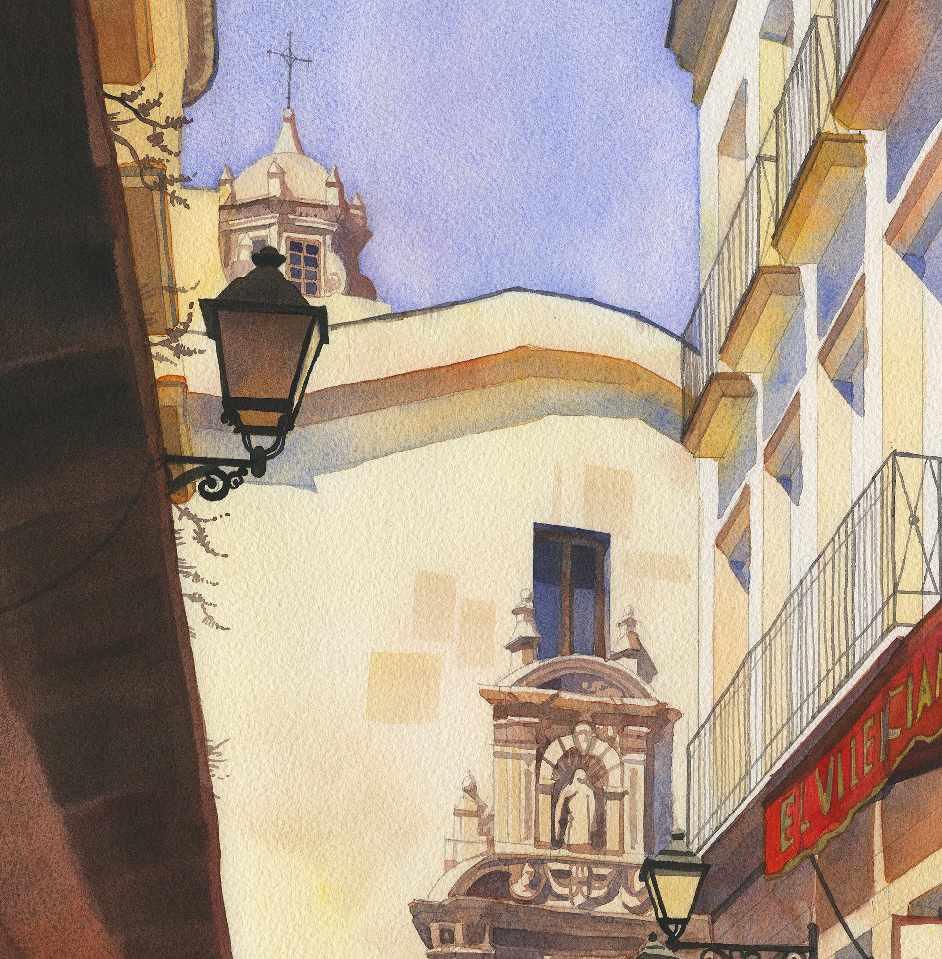 detail of a watercolor painting of a narrow street in Almeria Old town, Spain