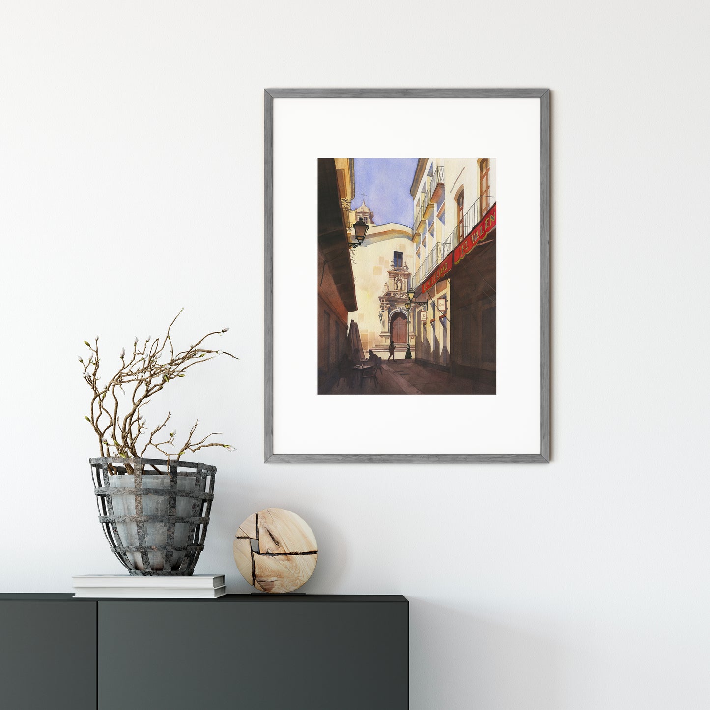 framed watercolor artwork of a street in Almeria Old town, Spain