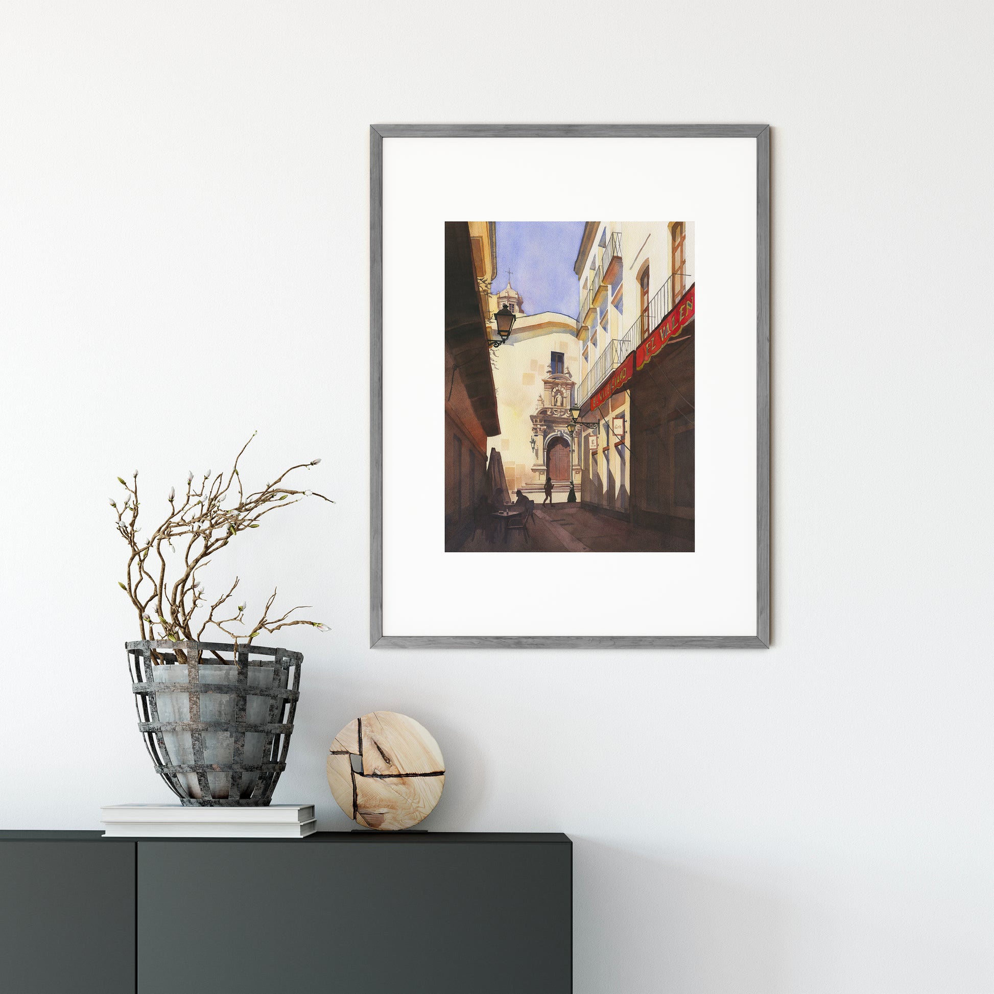 framed watercolor artwork of a street in Almeria Old town, Spain