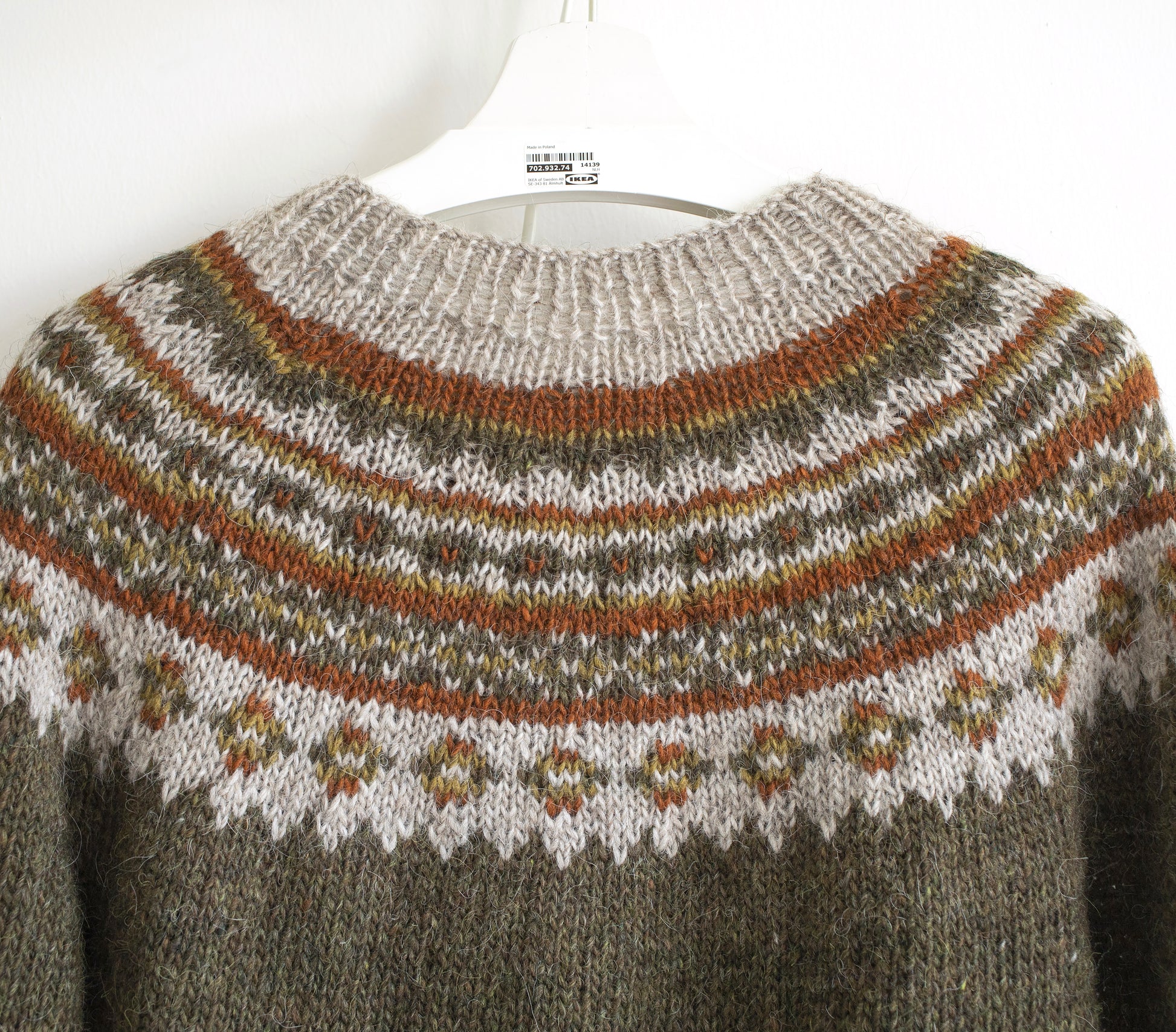 Close up for yoke of Brown and beige Icelandic lopapeysa knitted sweater from Lettlopi pure Icelandic wool