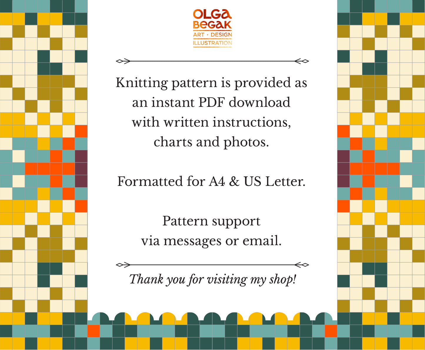 A promotional graphic for a digital knitting pattern by Olga Begak Art Design Studio. The design features a white central text block with black lettering detailing a PDF download, surrounded by a colorful geometric border in yellow, green, blue, and orange.