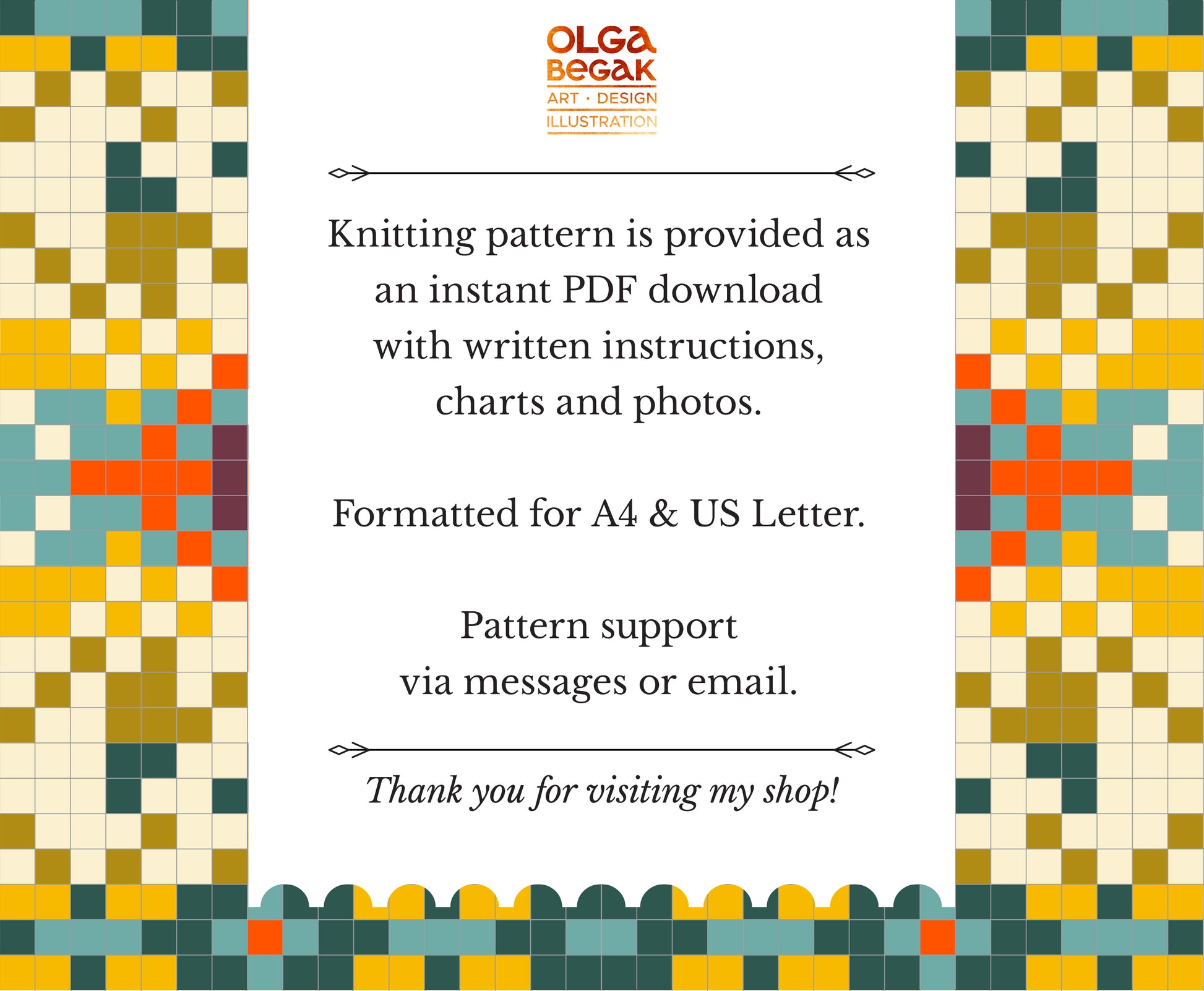 A promotional graphic for a digital knitting pattern by Olga Begak Art Design Studio. The design features a white central text block with black lettering detailing a PDF download, surrounded by a colorful geometric border in yellow, green, blue, and orange.