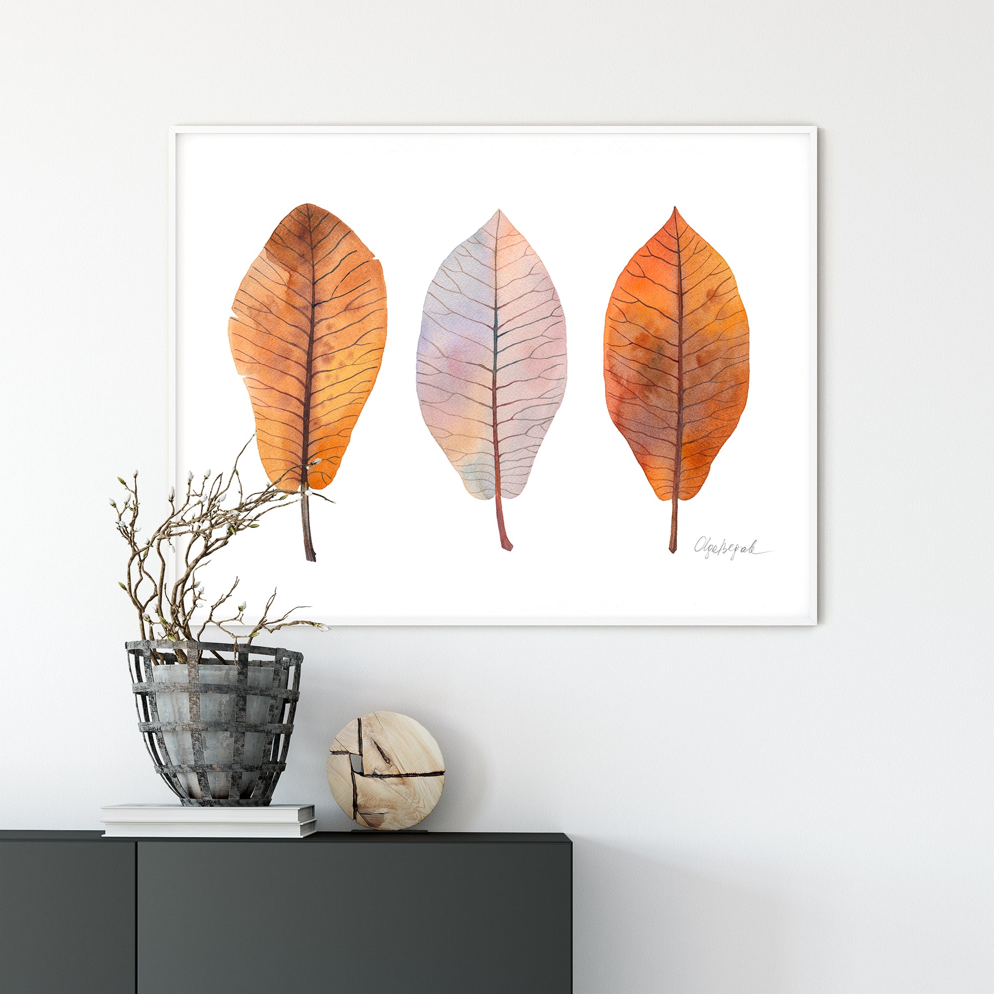 Fine art print of BIGLEAF MAGNOLIA LEAVES watercolor painting by Olga Begak in interior