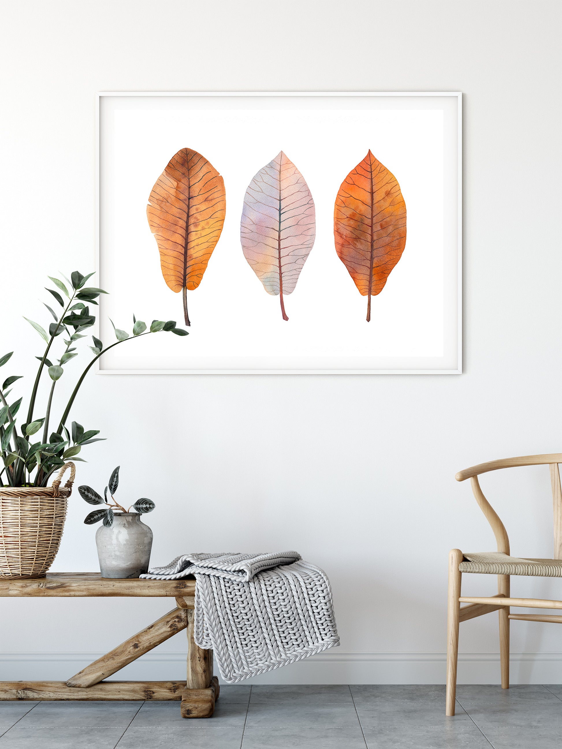 Fine art print of BIGLEAF MAGNOLIA LEAVES watercolor painting by Olga Begak in interior