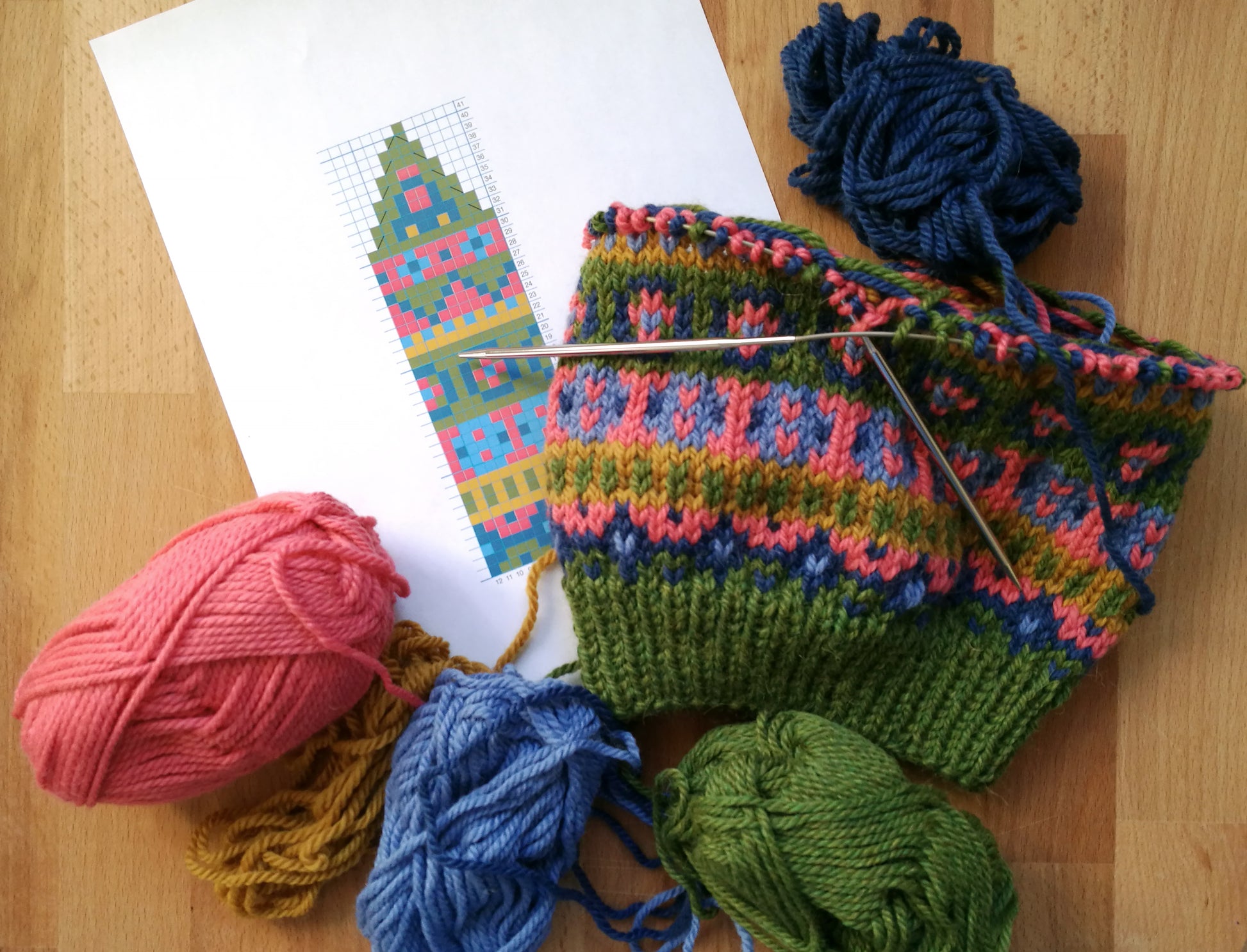 Hand-knitted Fair Isle hat in Bergen knitting pattern in progress