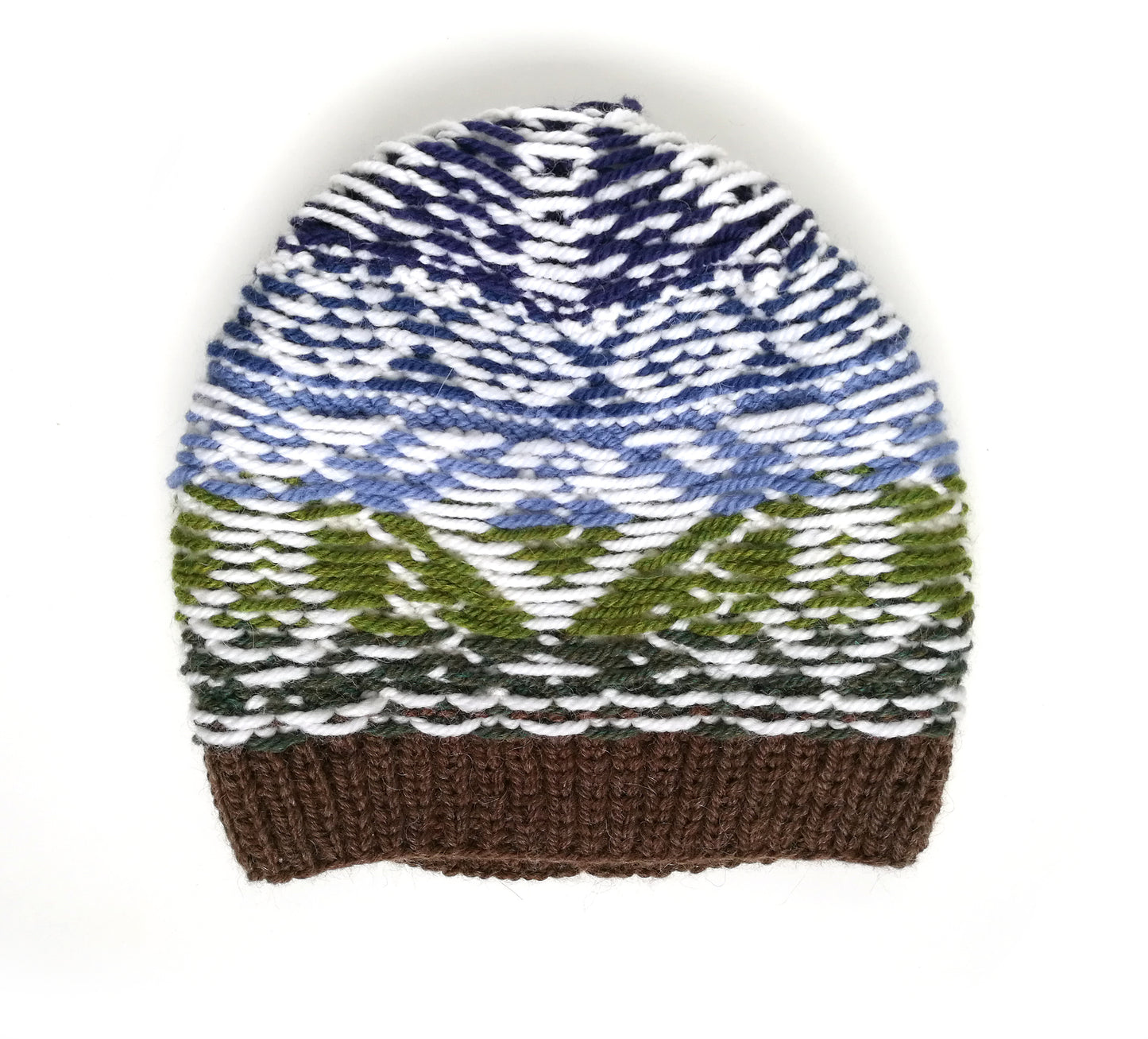 A green, brown, blue and white hand-knitted Fair Isle hat with a bunny motif, inside out