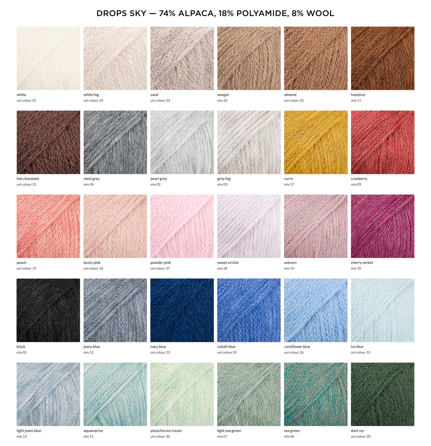 Color chart of Sky alpaca wool by DROPS DESIGN