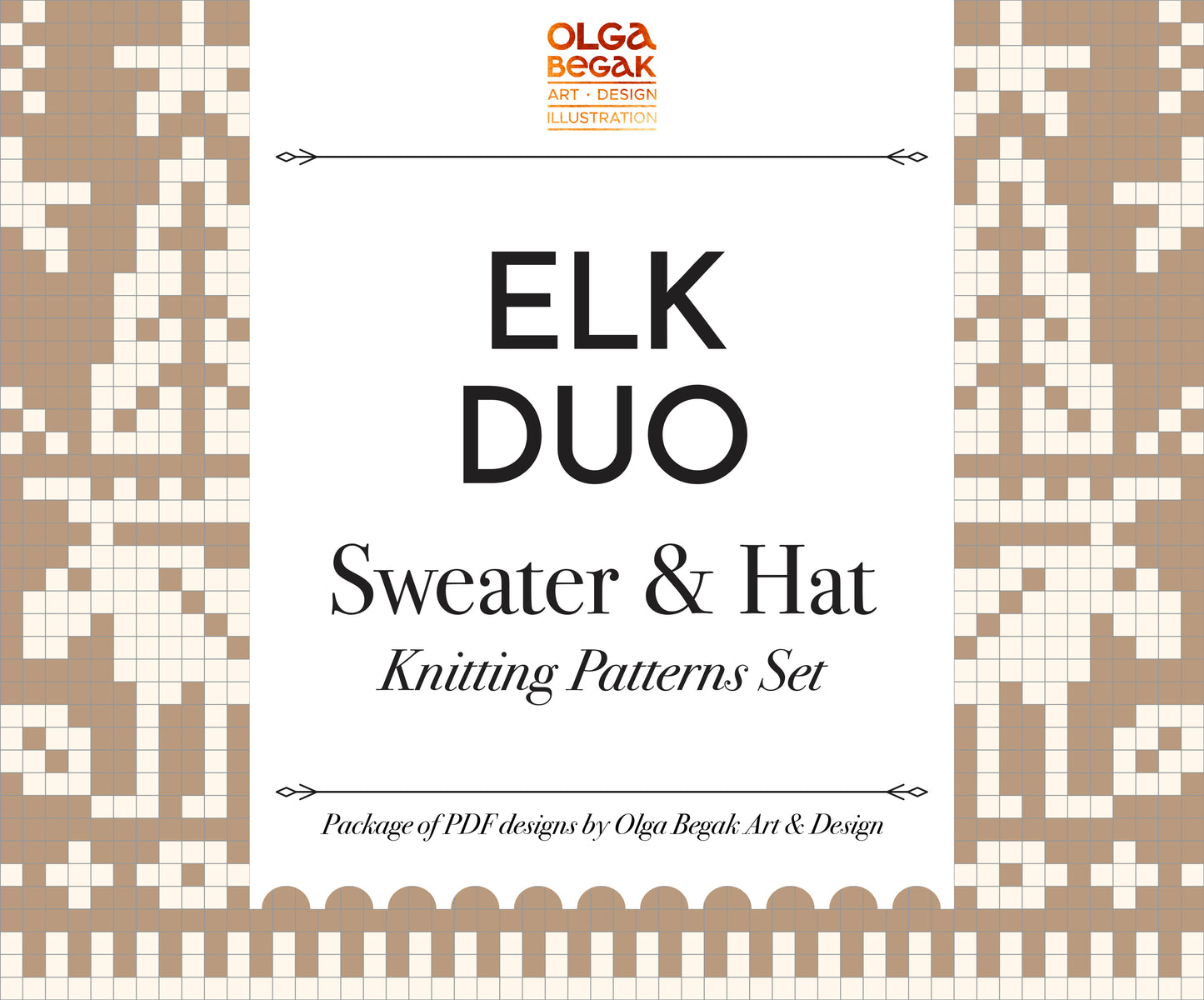 Elk Duo Knitting patterns set cover with geometric patterns and text
