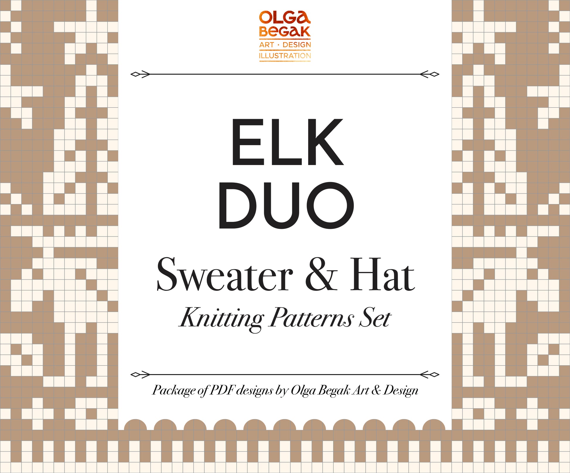 Elk Duo Knitting patterns set cover with geometric patterns and text