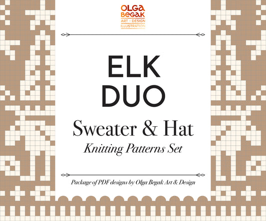 Elk Duo Knitting patterns set cover with geometric patterns and text