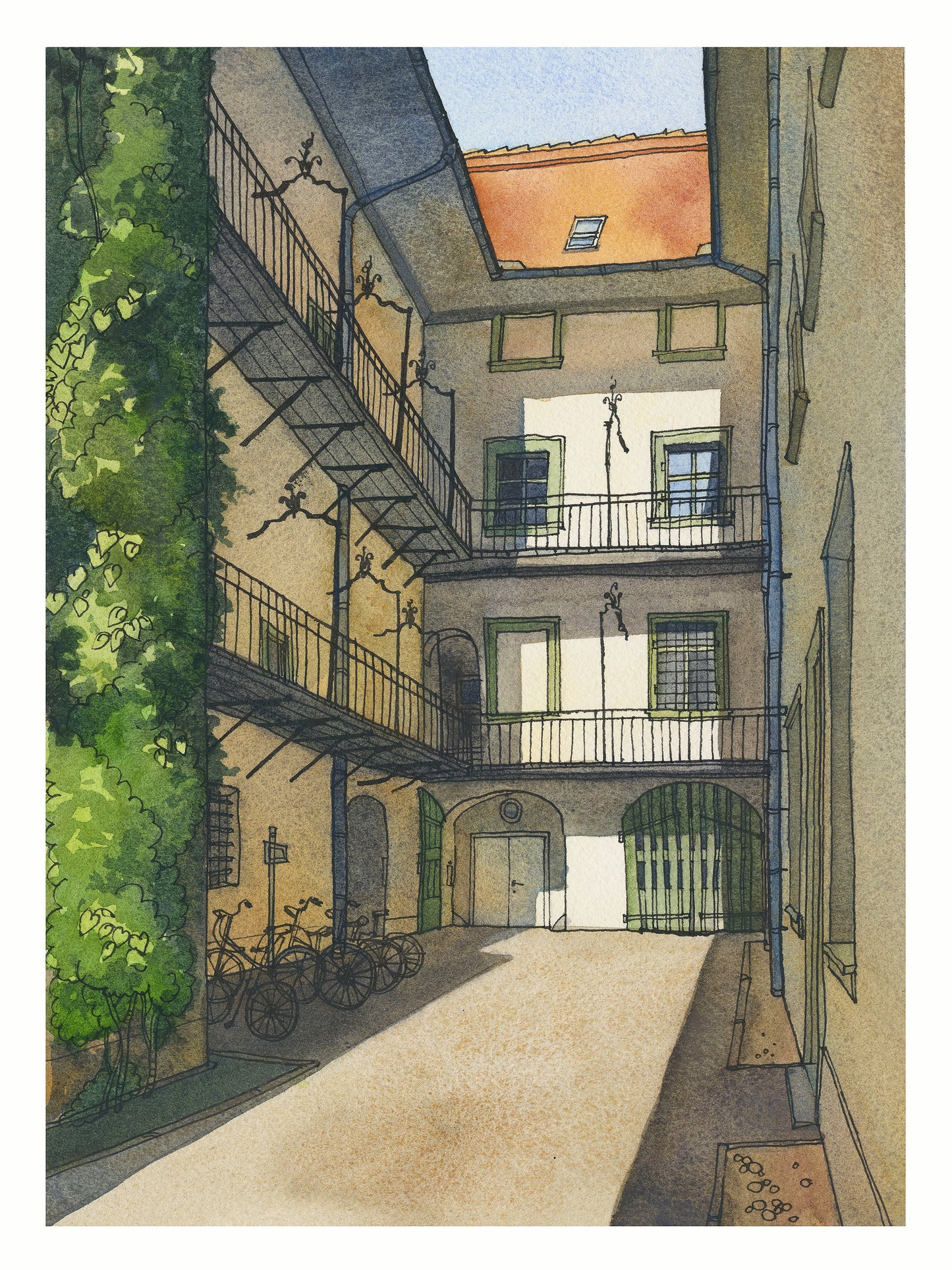 watercolor and ink Illustration of a Graz courtyard with buildings, bicycles, and greenery