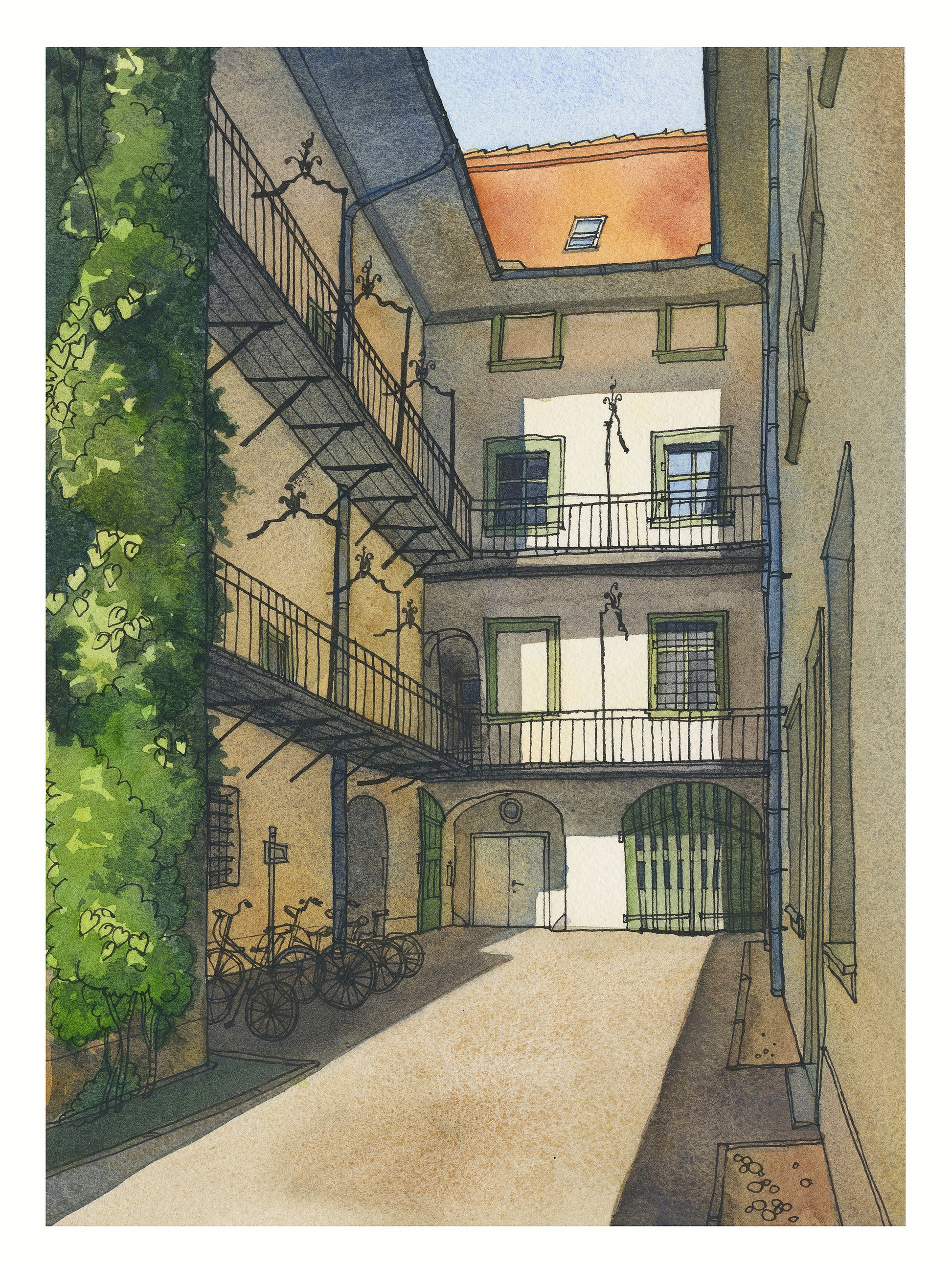 watercolor and ink Illustration of a Graz courtyard with buildings, bicycles, and greenery