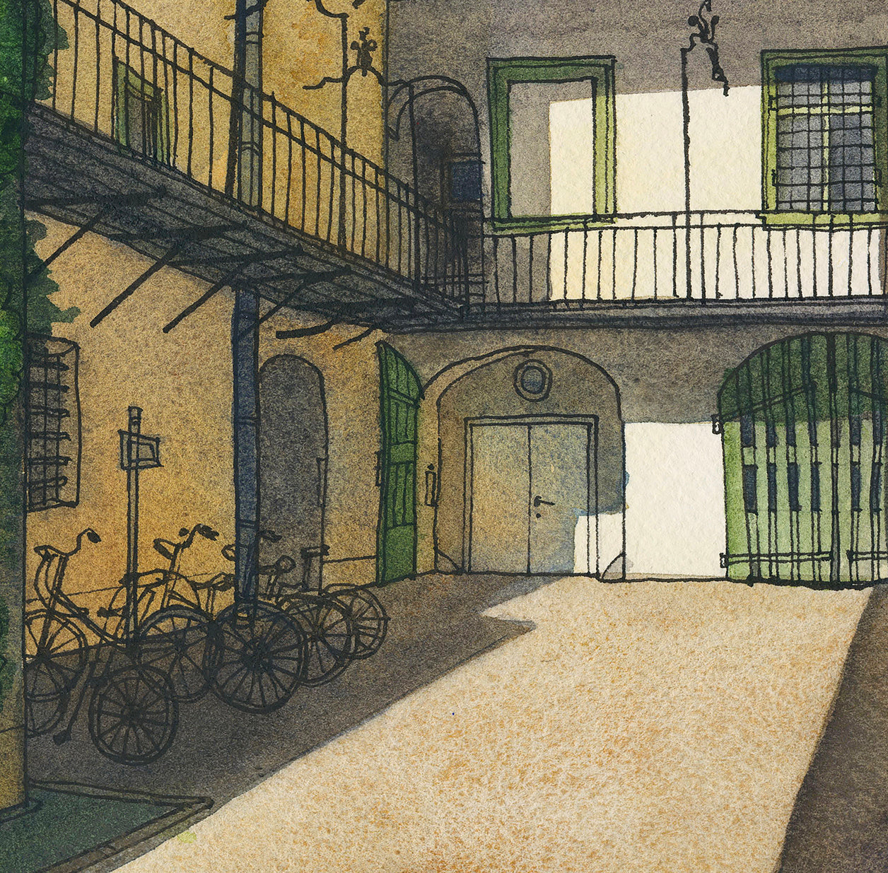 detail of a watercolor and ink painting of Graz courtyard