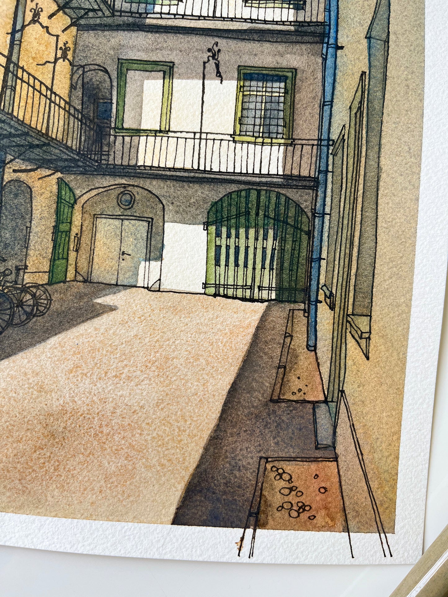 detail of an original watercolor and ink artwork of Graz courtyard