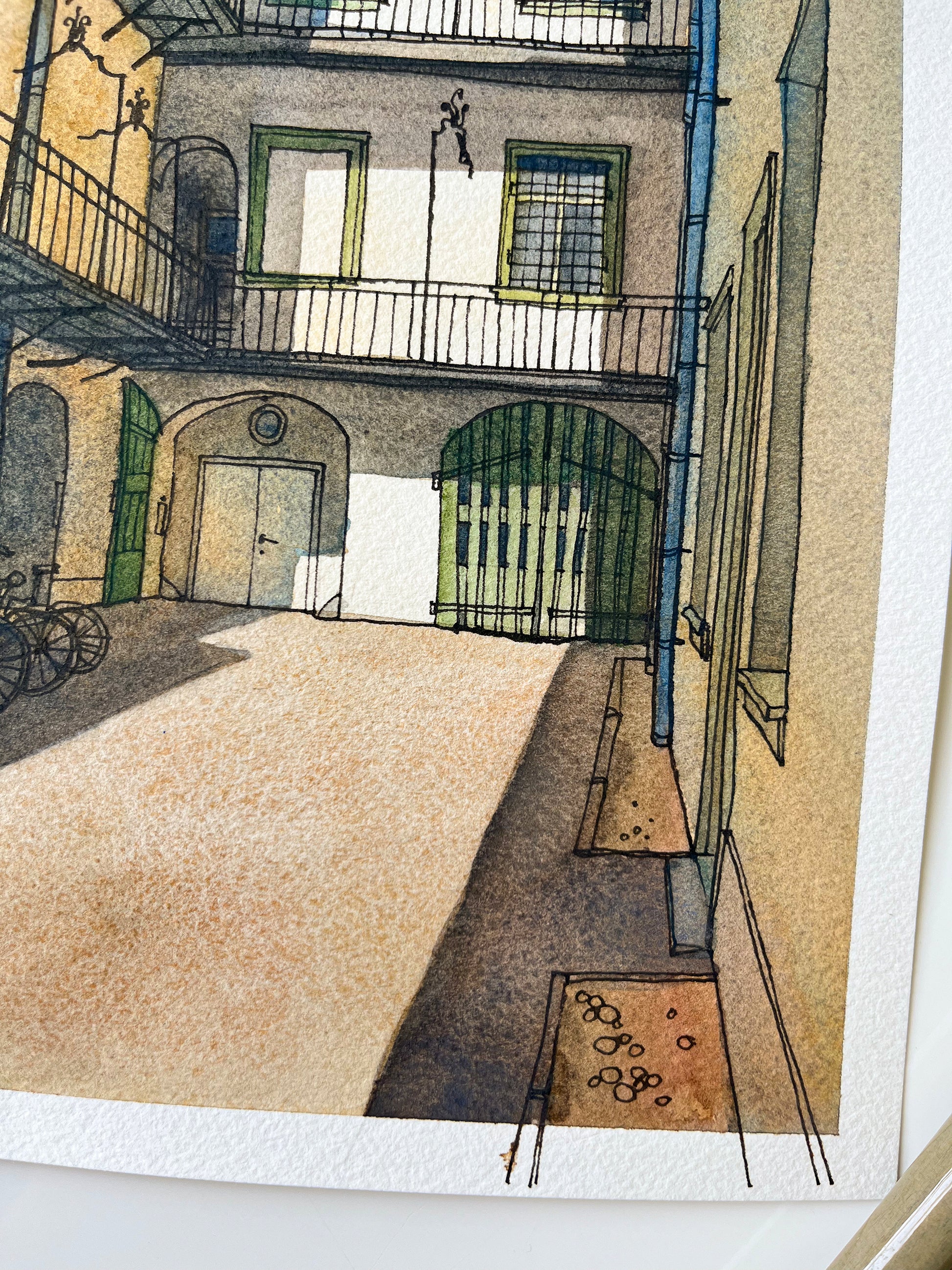 detail of an original watercolor and ink artwork of Graz courtyard