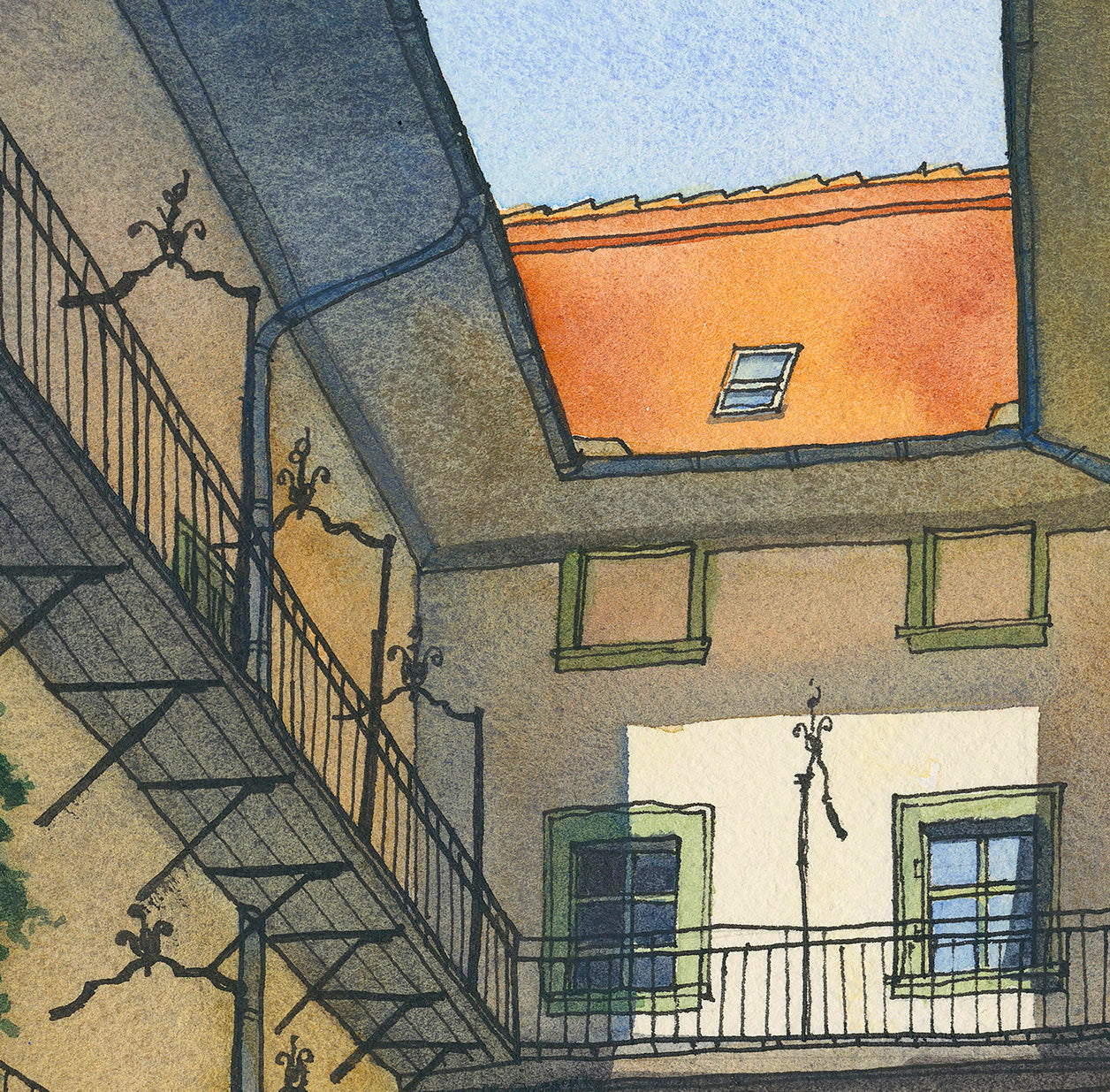 Artistic depiction of a building with balconies and windows from a watercolor and ink painting of Graz courtyard