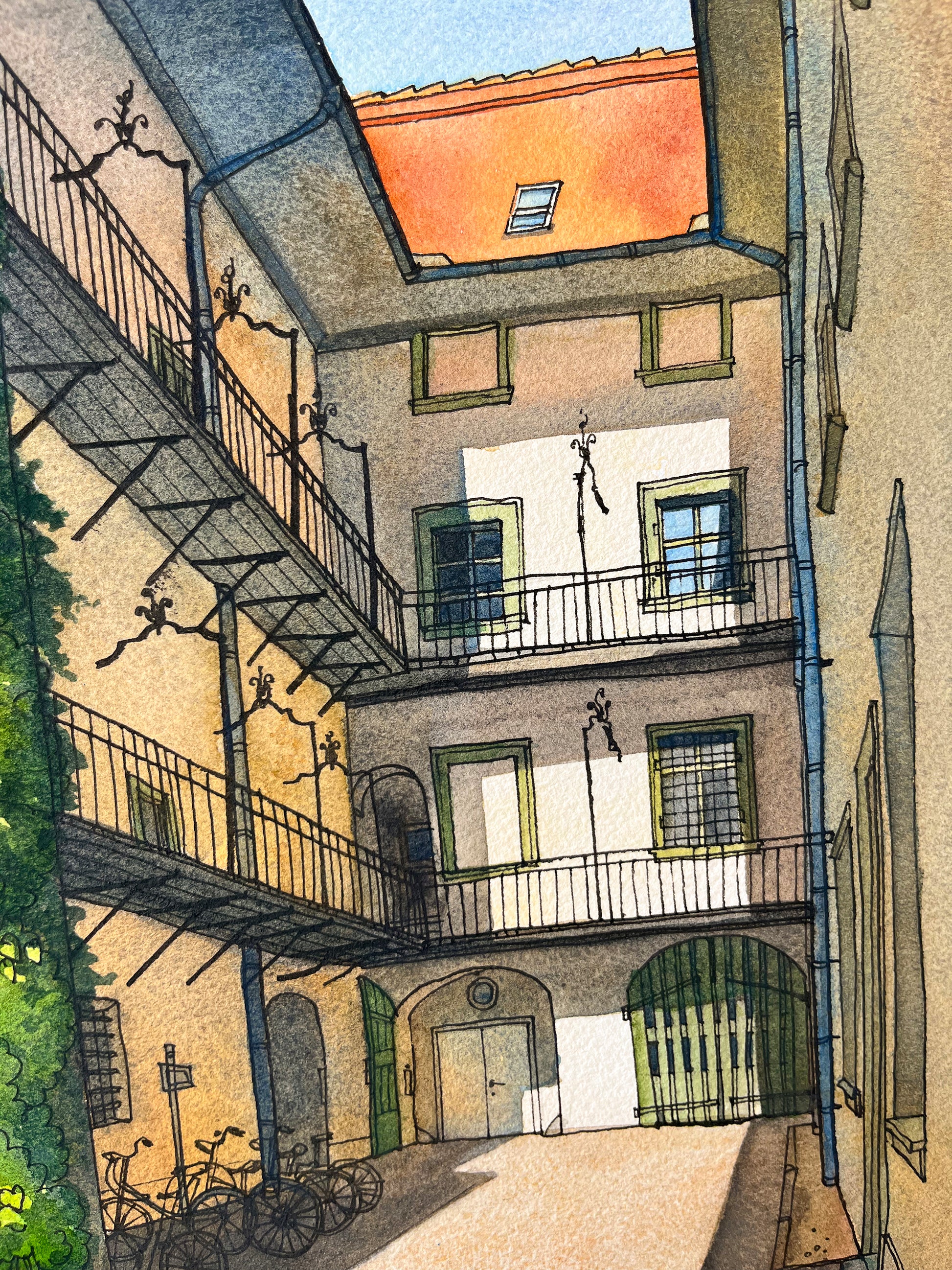 detail of a watercolor and ink artwork of Graz courtyard