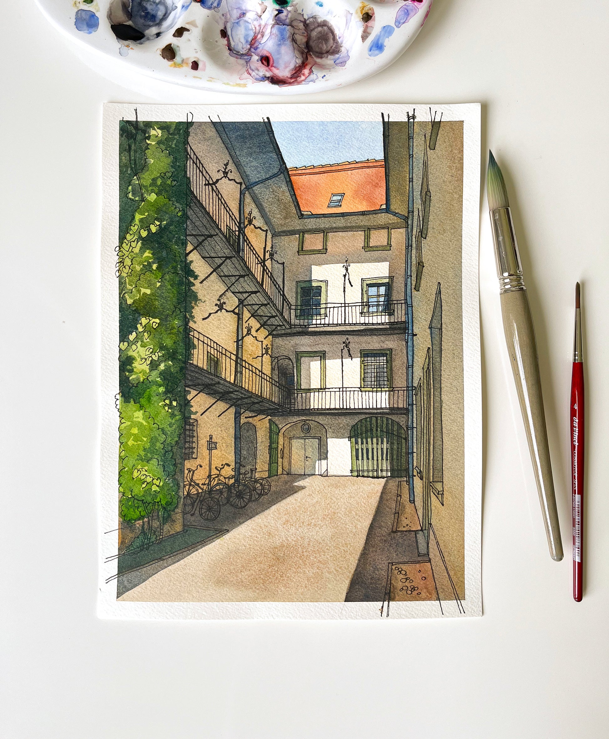 original watercolor and ink artwork of Graz courtyard