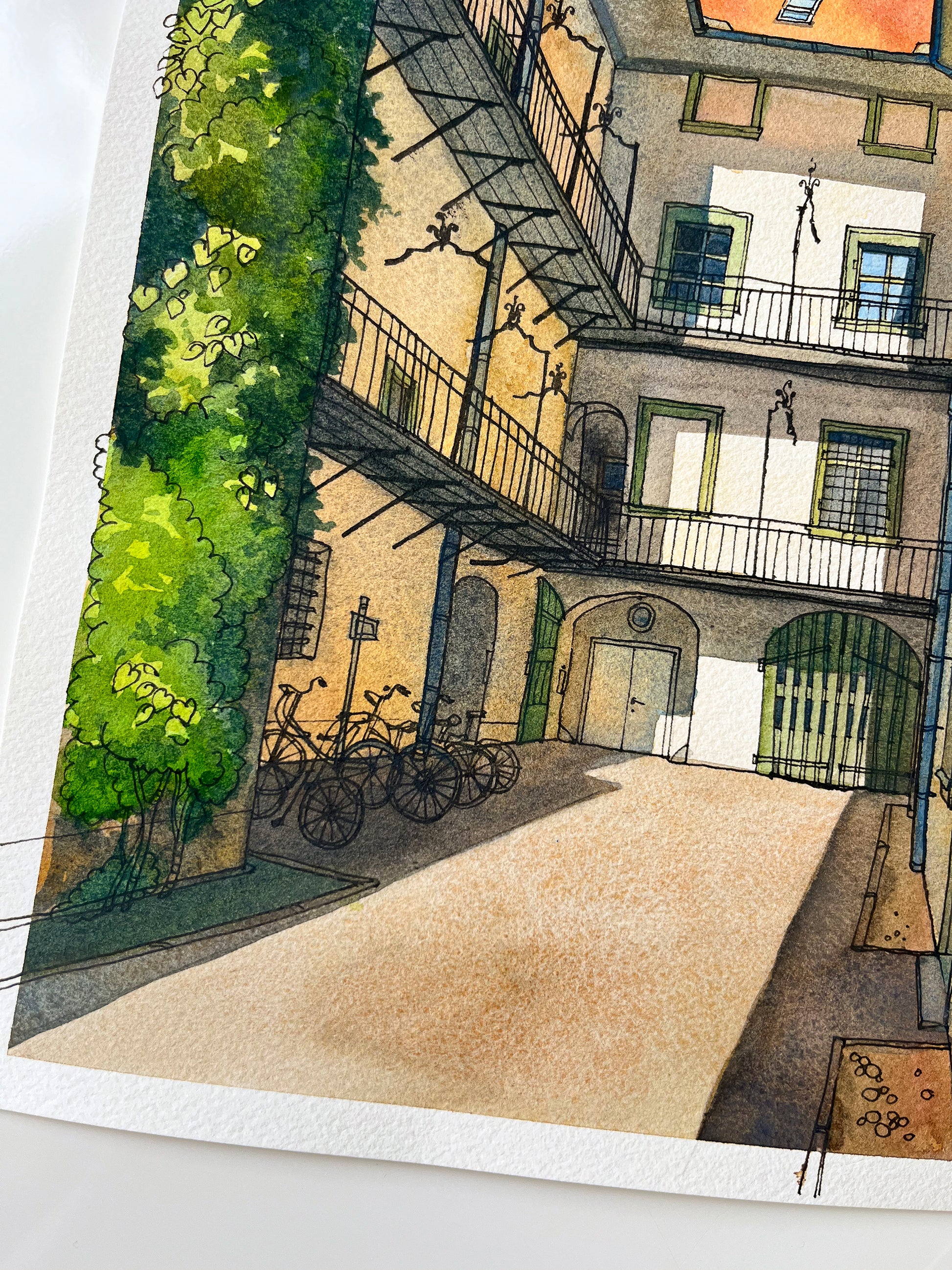 detail of a watercolor and ink painting o Graz courtyard