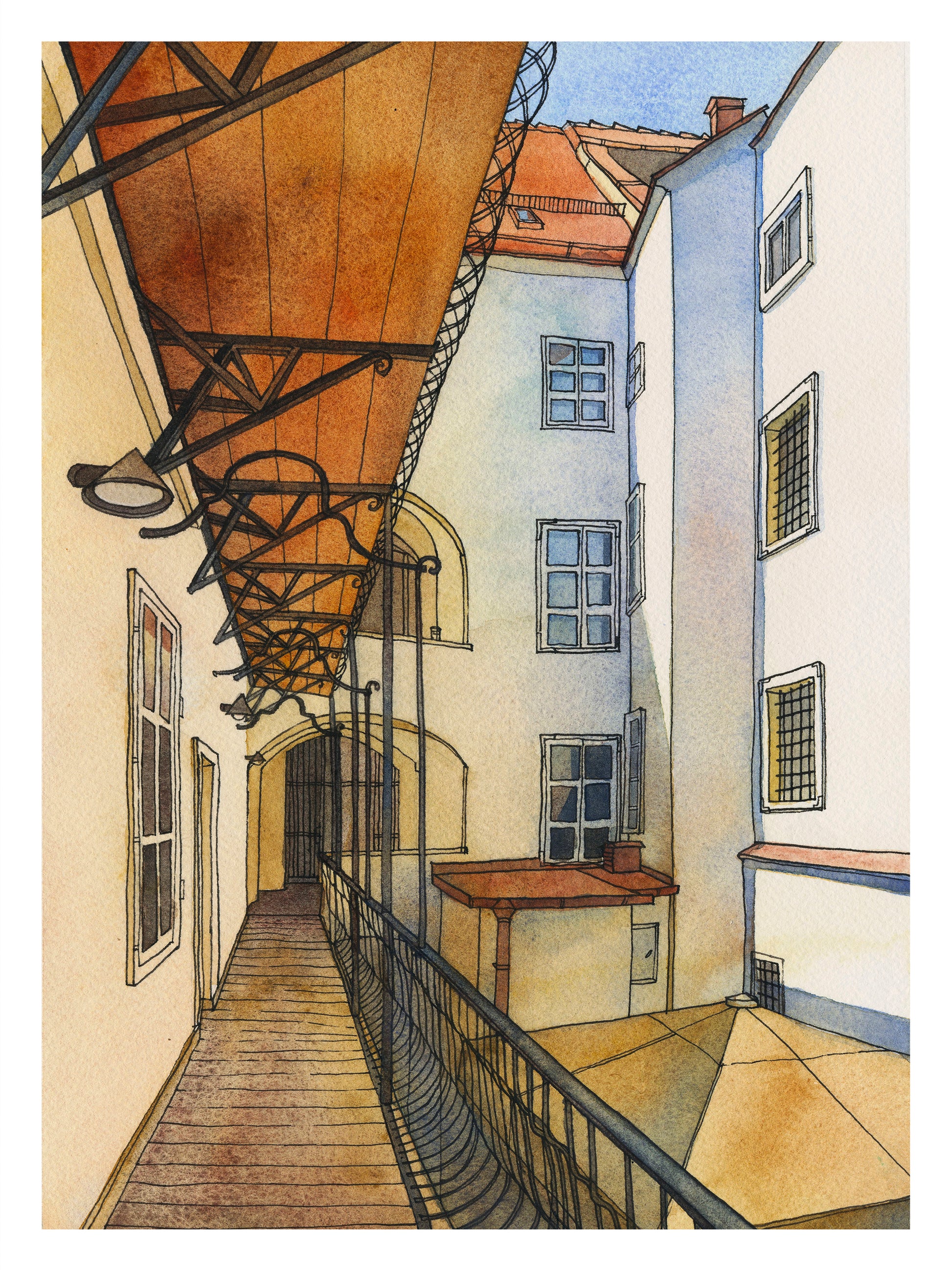 Artistic depiction of a narrow alleyway between buildings in Graz, Austria with a wooden canopy.