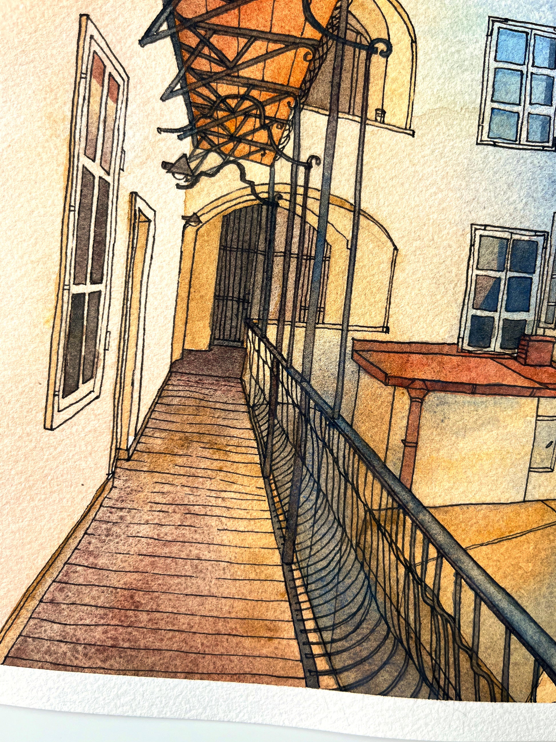 Artistic watercolor and ink illustration of a hallway with a staircase and windows in Graz