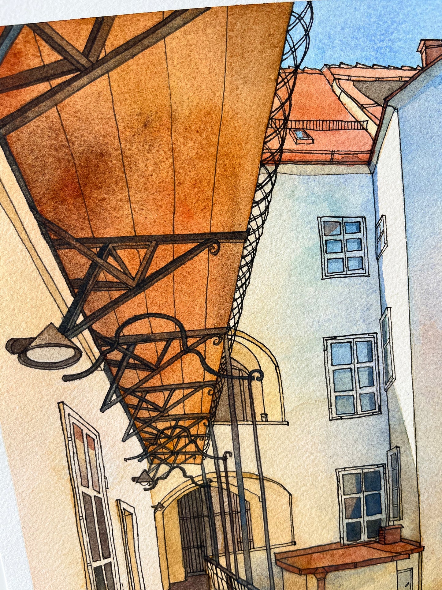 detail of a watercolor and ink artwork of a historic courtyard in Graz