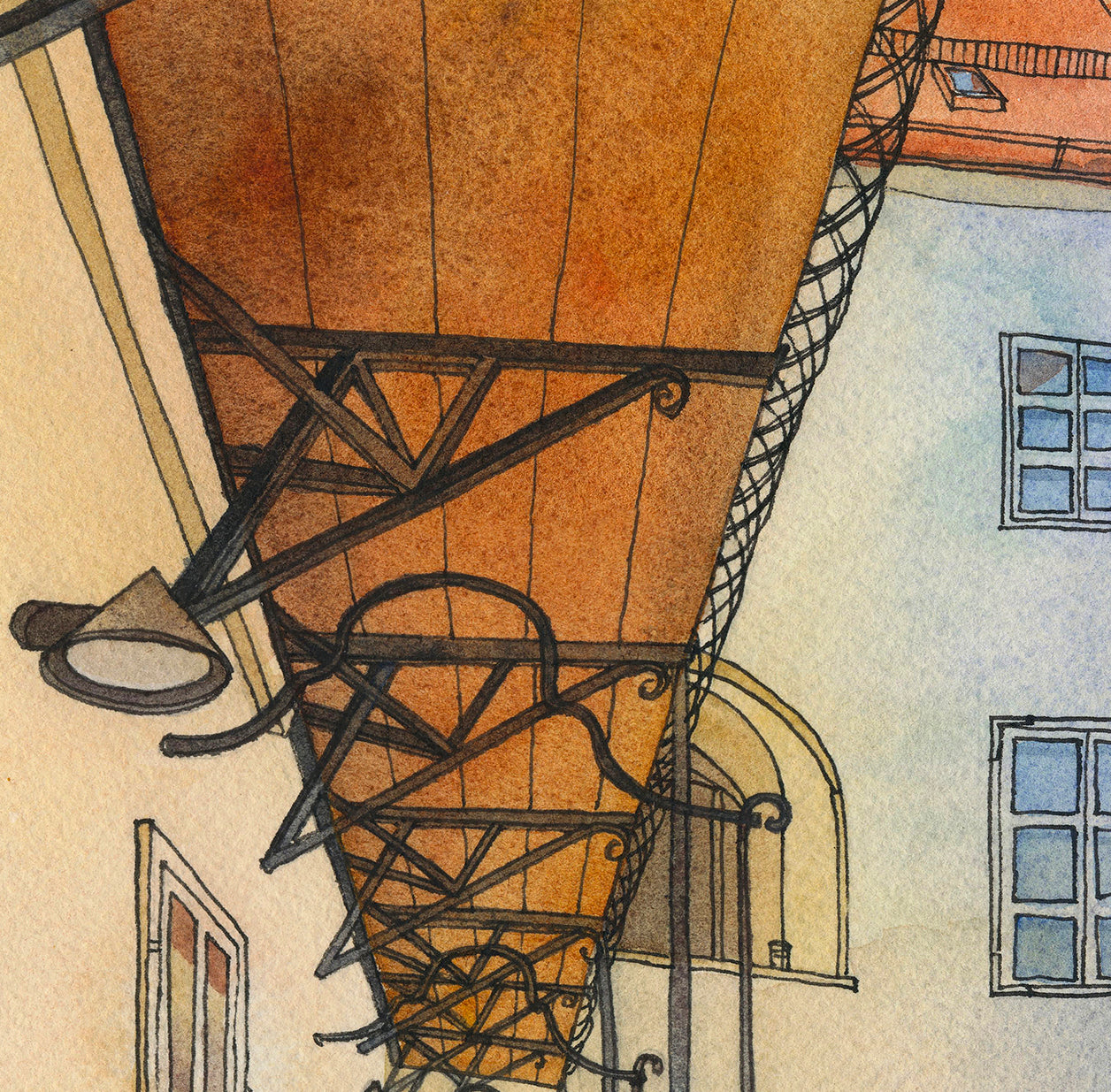 detail of a watercolor and ink artwork of a historic courtyard in Graz