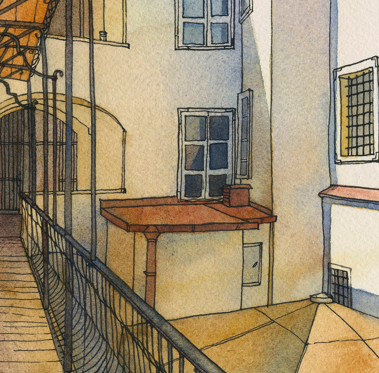 detail of a watercolor and ink artwork of a historic courtyard in Graz