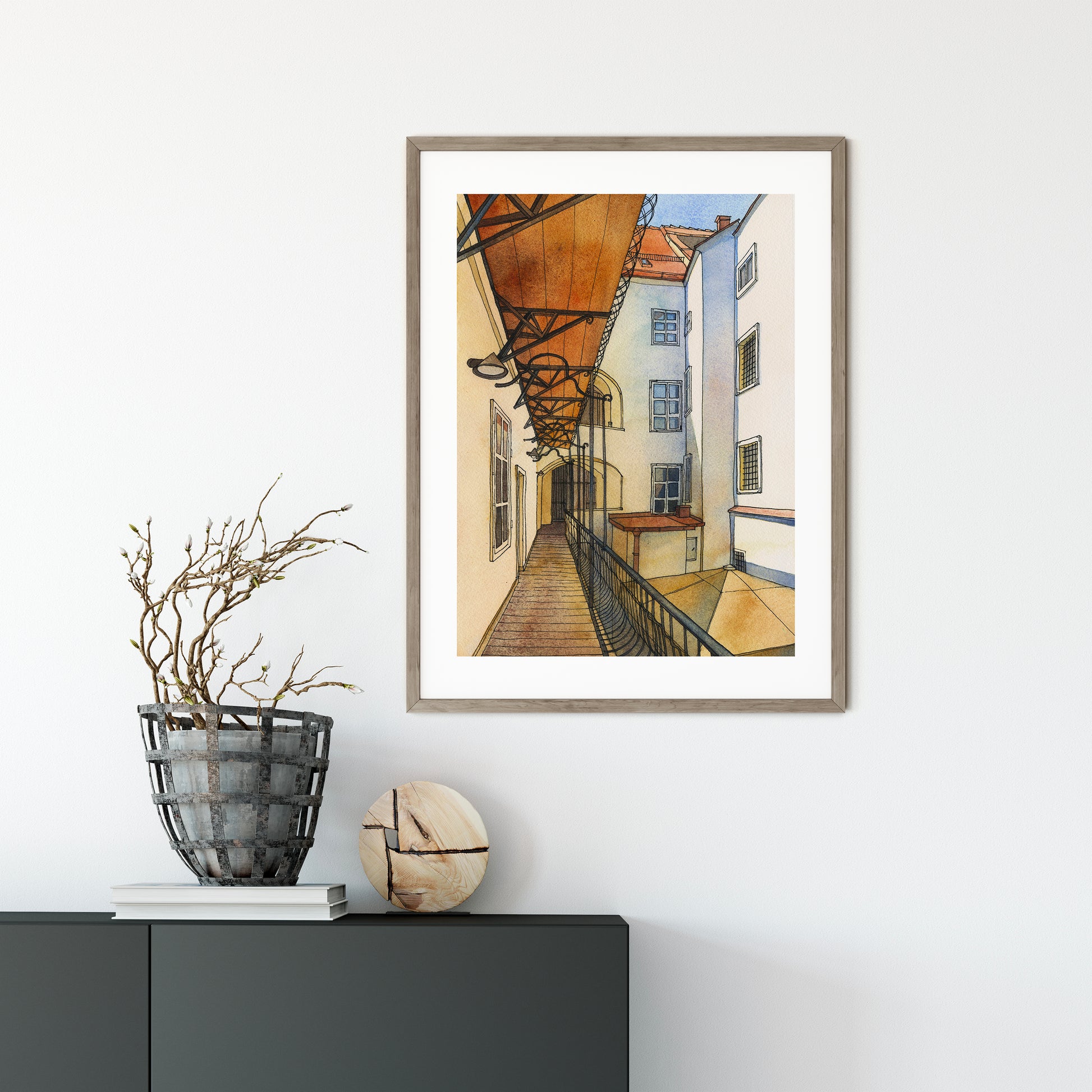 framed Watercolor print of a historic courtyard in Graz