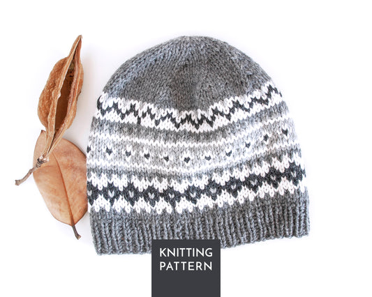 Grey Fair Isle Hat Knitting Pattern • Nordic Style Beanie (PDF)