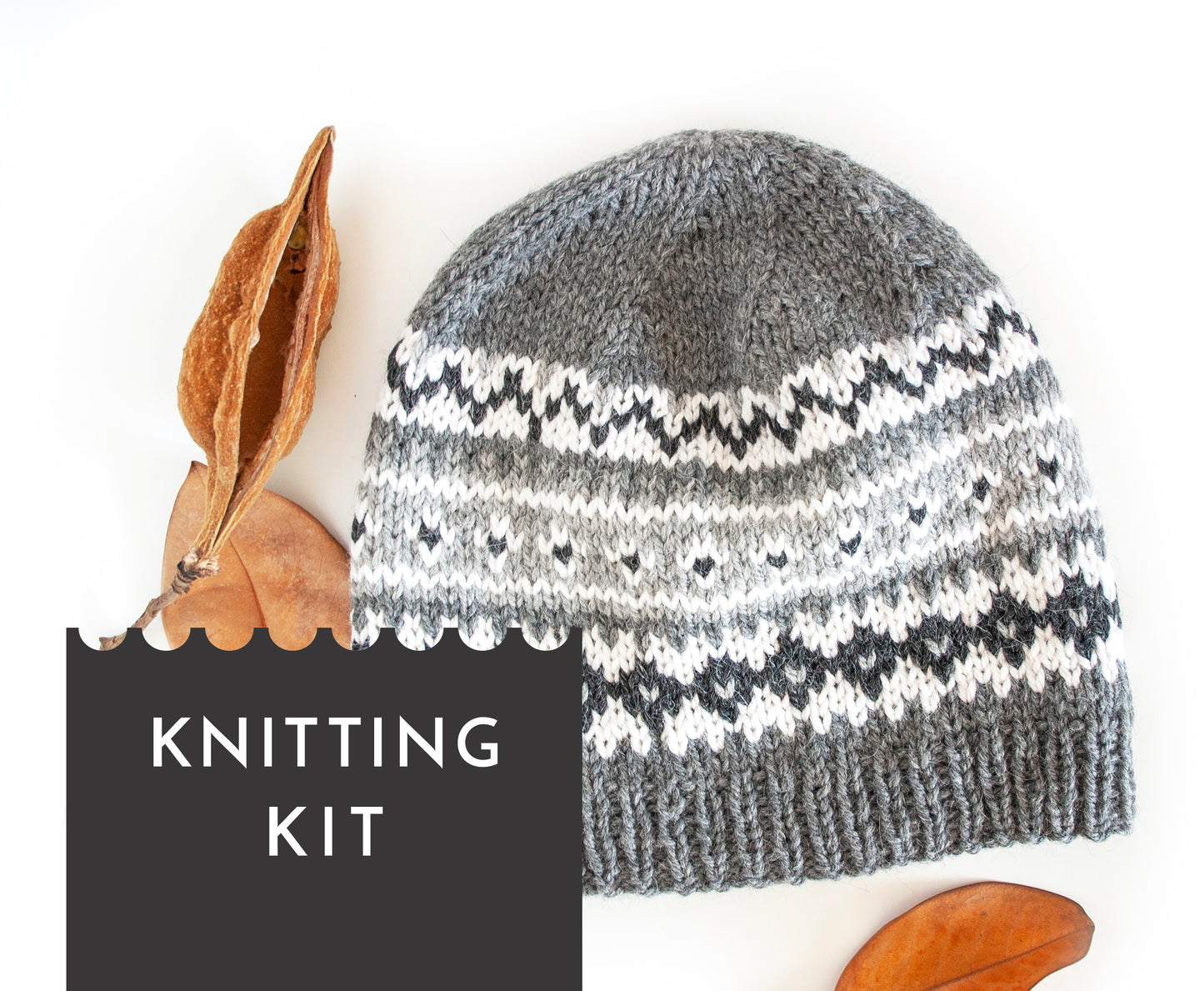 GREY Fair Isle Hat DIY Knitting Kit