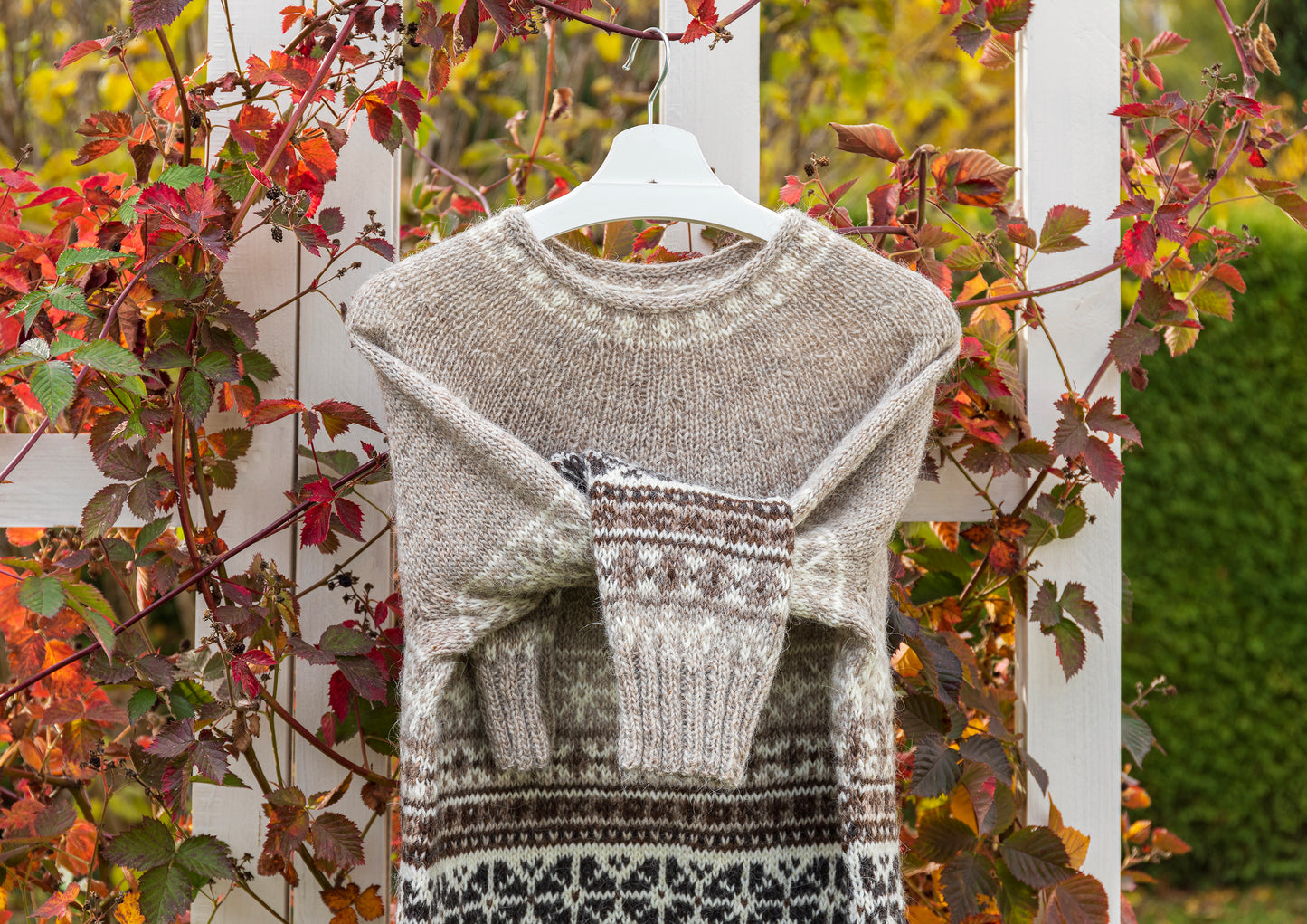 Helga icelandic lopapeysa sweater on a hanger against a natural background