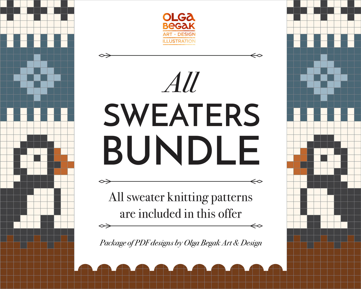 Promotional graphic for a knitting pattern bundle titled 'All SWEATERS BUNDLE' by Olga Begak Art & Design.