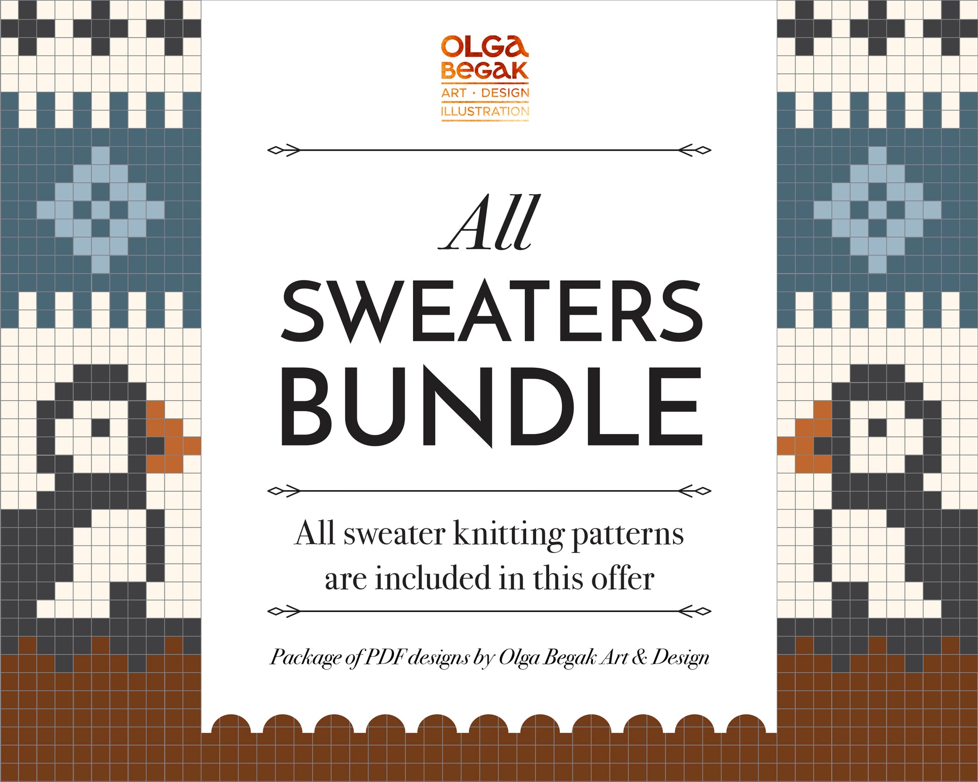 Promotional graphic for a knitting pattern bundle titled 'All SWEATERS BUNDLE' by Olga Begak Art & Design.
