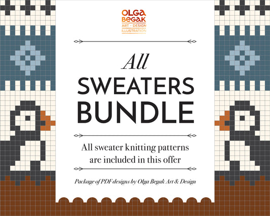 Promotional graphic for a knitting pattern bundle titled 'All SWEATERS BUNDLE' by Olga Begak Art & Design.