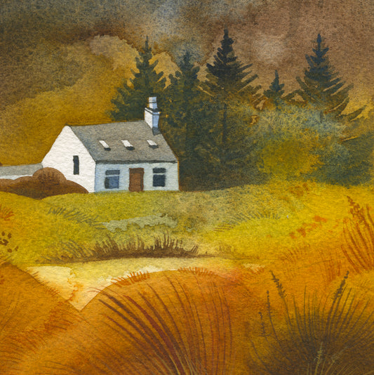 detail of a watercolor painting of a white house with a chimney in an autumn field with trees
