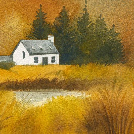 detail of a watercolor painting of a small house in a field with trees in the background