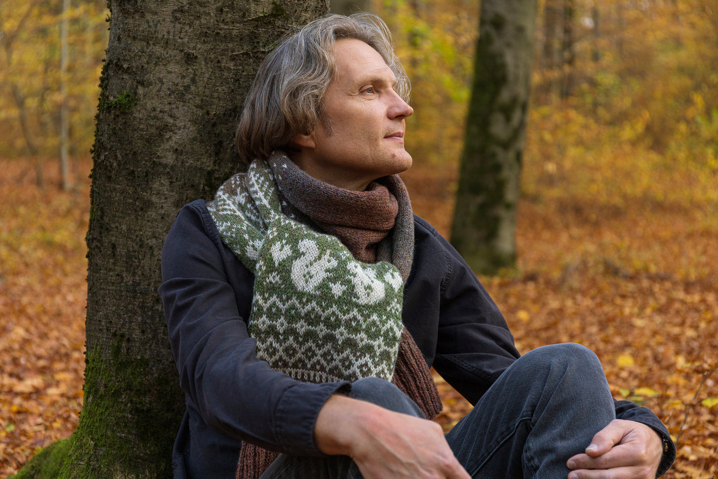 Man wearing fair isle scarf with squirrels pattern sitting against a tree in a forest with autumn leaves